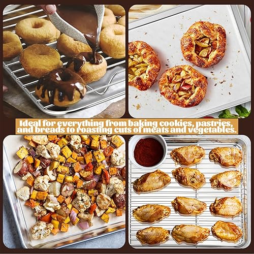 Miniatura 7 de E-far - Juego de bandejas para hornear de acero inoxidable con estante, bandeja para hornear galletas de 12.4 x 9.7 pulgadas para horno, bandeja de