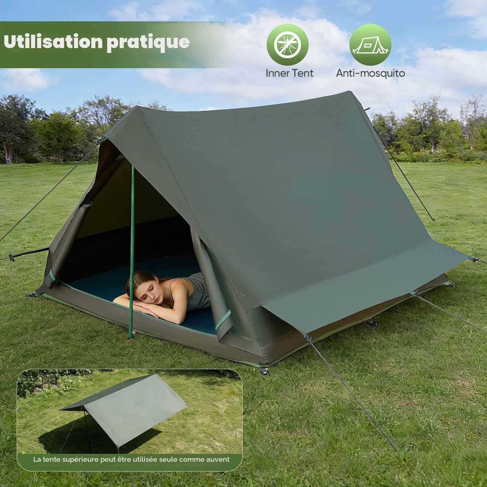 Tente pour 1 et 2 personnes, petit volume de rangement, ultra légère, pour vélo ou moto, voyage, colonne d'eau de 3000 mm, avec tissu Oxford 200D, tente intérieure séparée, randonnée, trekking