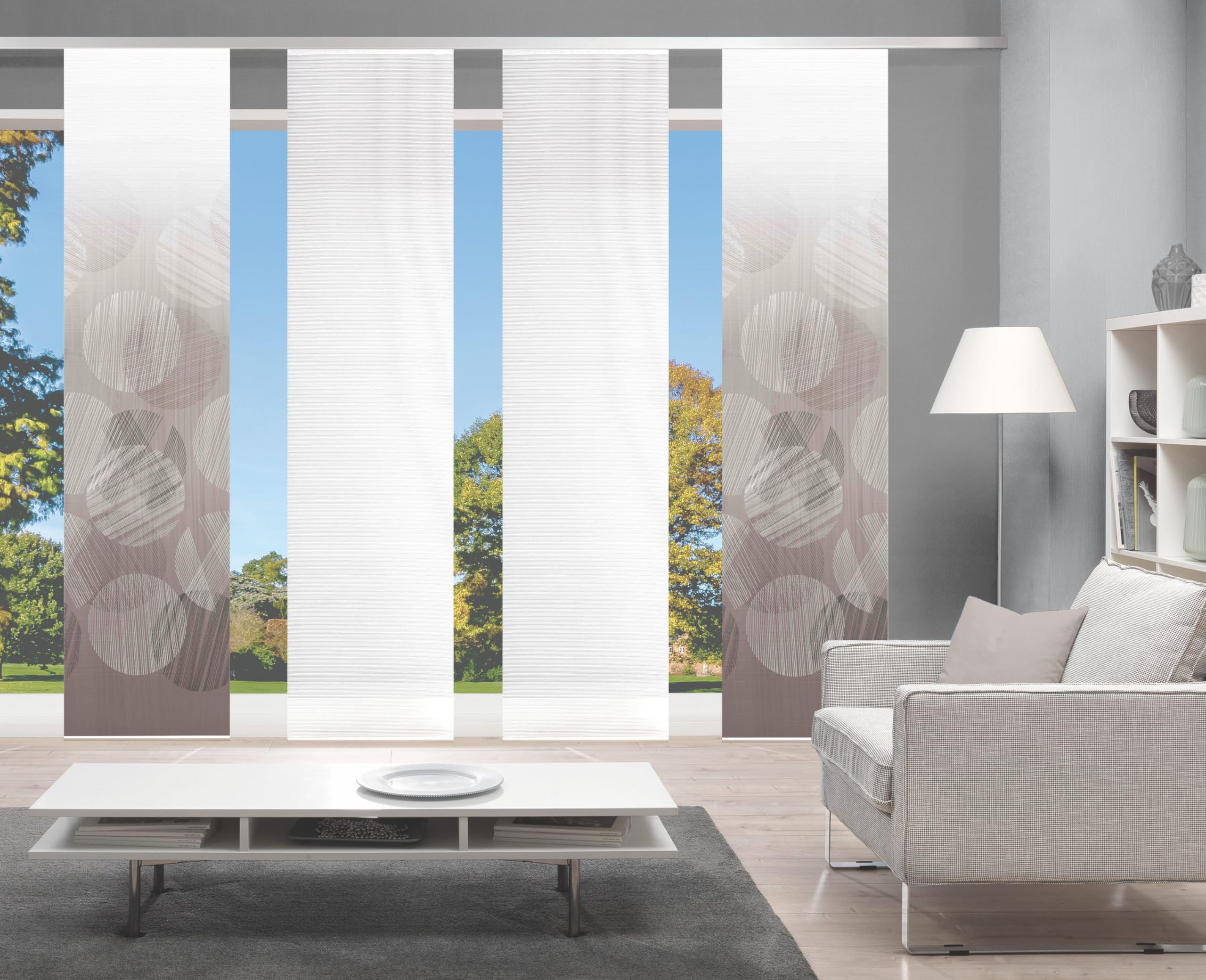 94168 | 4er-Set Schiebegardine 'Circo', Digitaldruck auf Bambus-Optik, mit abstraktem Motiv, 260x60cm, Farbe: Grau und Taupe, Farbe:Taupe
