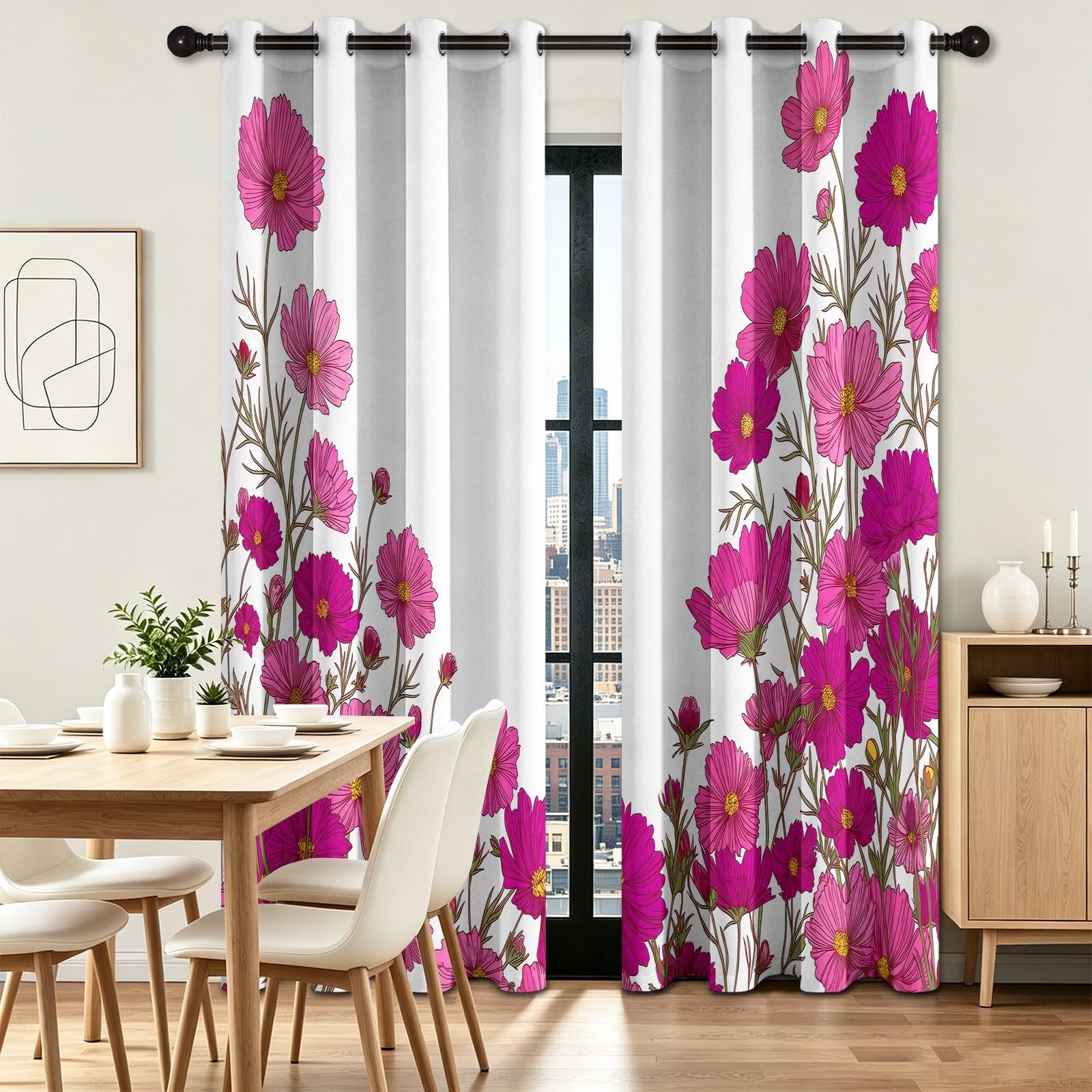 Générique Zasłona zaciemniająca z izolacją termiczną i redukcją szumów 91,5 L x 214H cm (2 panele) - Fuksja kwiecista roślina wiejska z oczkami do sypialni salonu