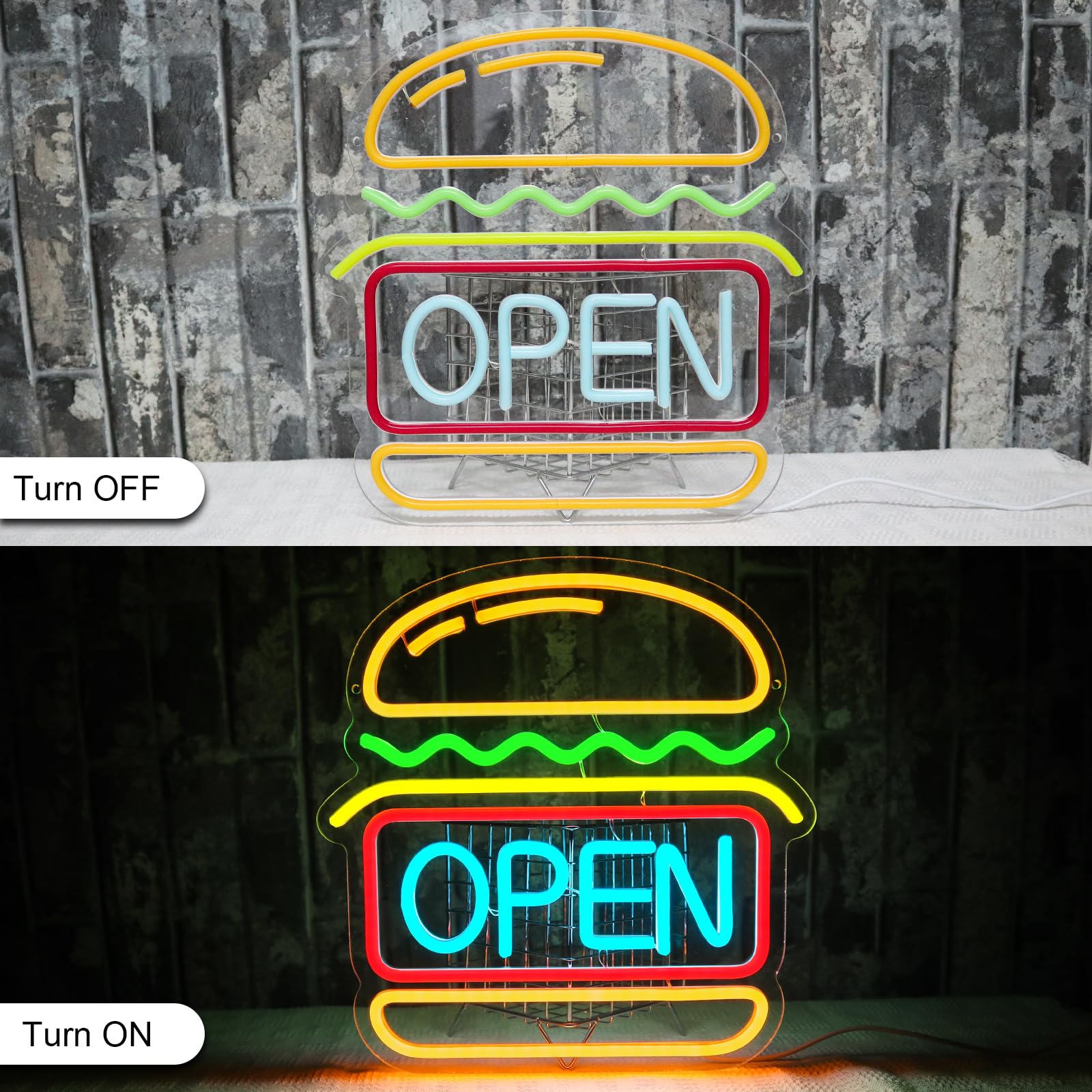 Abierto de neón de señal de hamburguesa de neón de luz para la decoración de la pared Led Abierto de señal para Burger Shop Fast Food Shop Negocios Restaurante Tienda