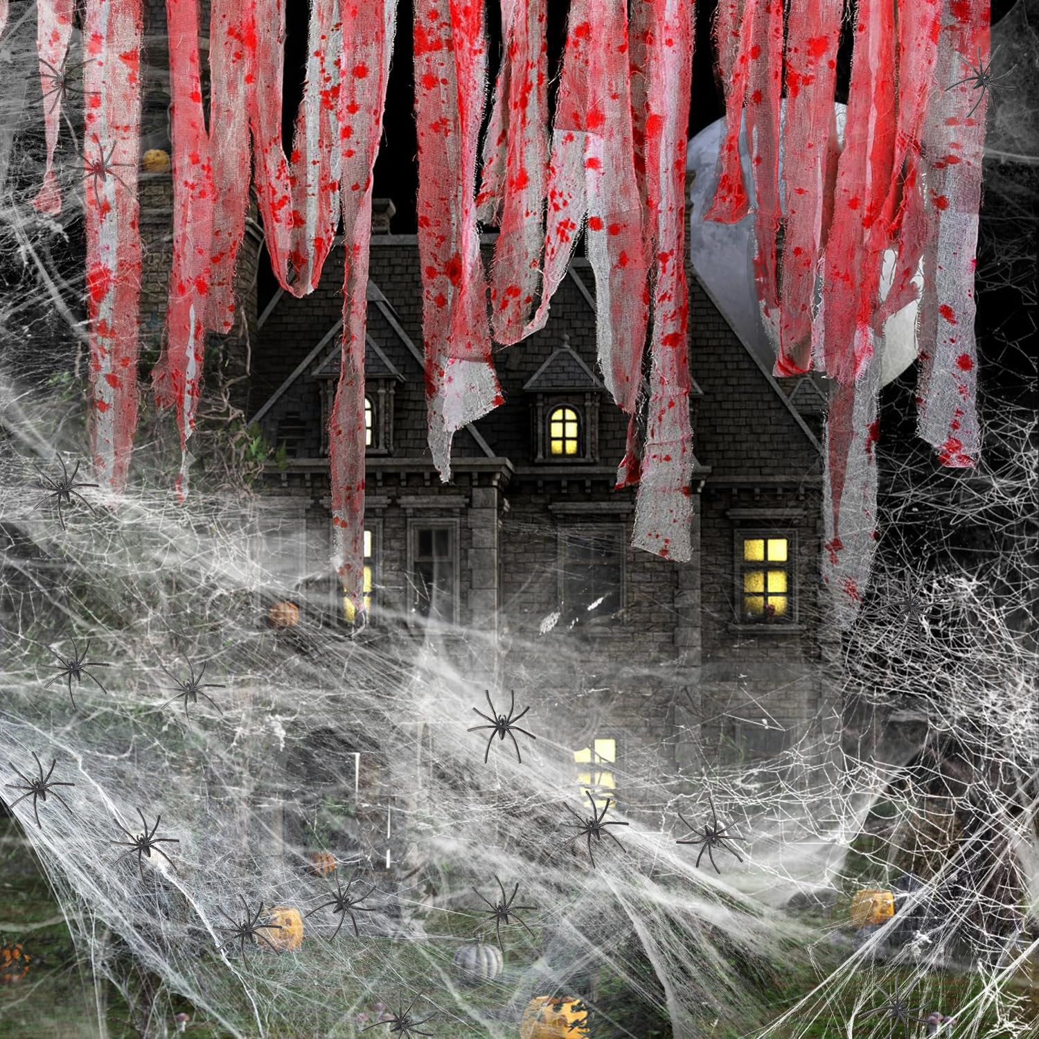 Décoration Halloween Toile Avec Araignées - 500x215 Cm, 50 Araignées En Polyester, Pour Intérieur/extérieur