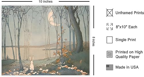 Miniatura 2 de Poster Master Póster de luna nueva, estampado retro de conejito en el bosque, arte de hongos, arte de luna creciente, arte de conejo blanco, arte de