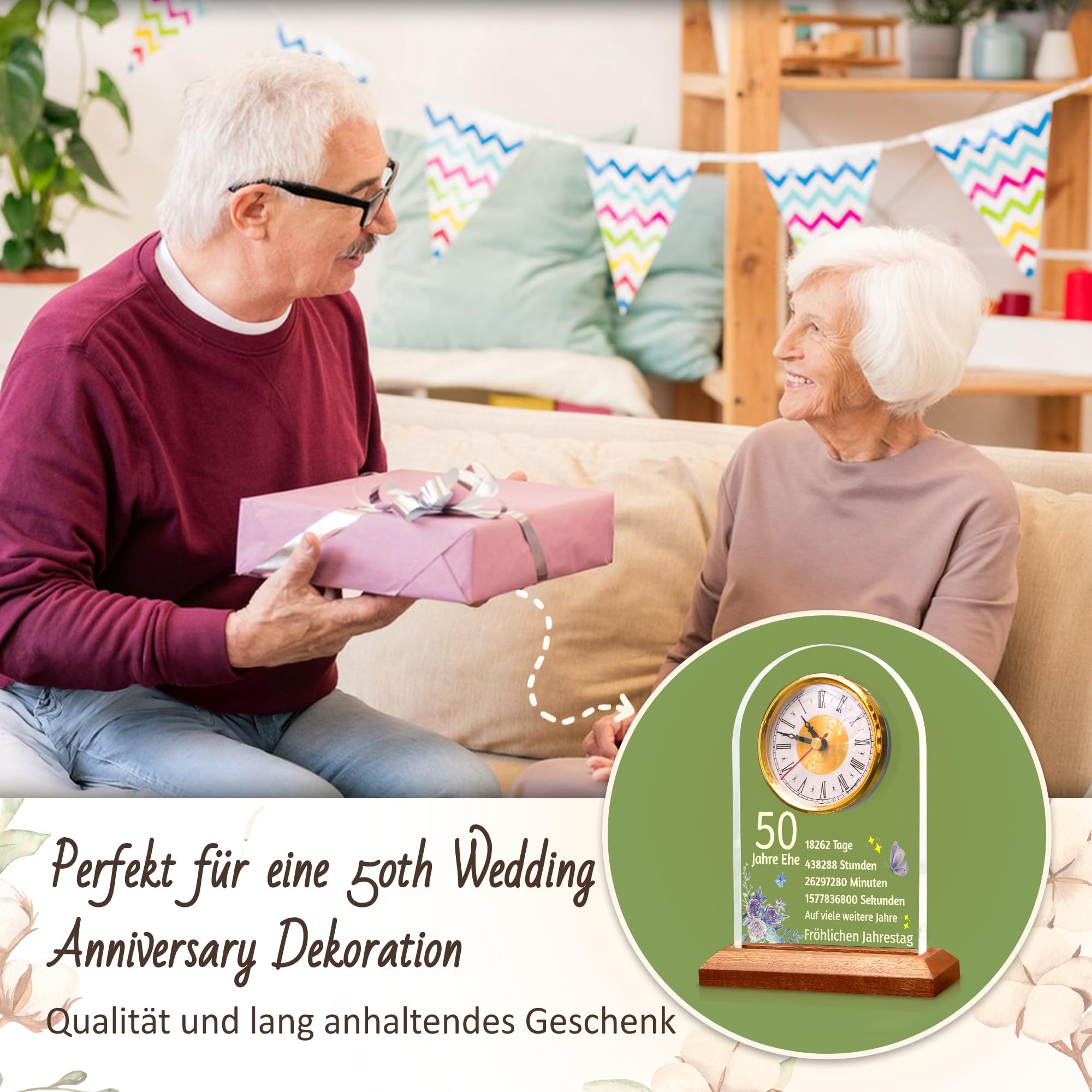 OkiyiD 50. Jahrestag Hochzeit Geschenk, Jahrestag Quarzuhr, Schreibtisch Tisch Uhr, 50 Jahre Ehe, Goldene Hochzeit für Paar, Eltern, Großeltern (50. Jahrestag)