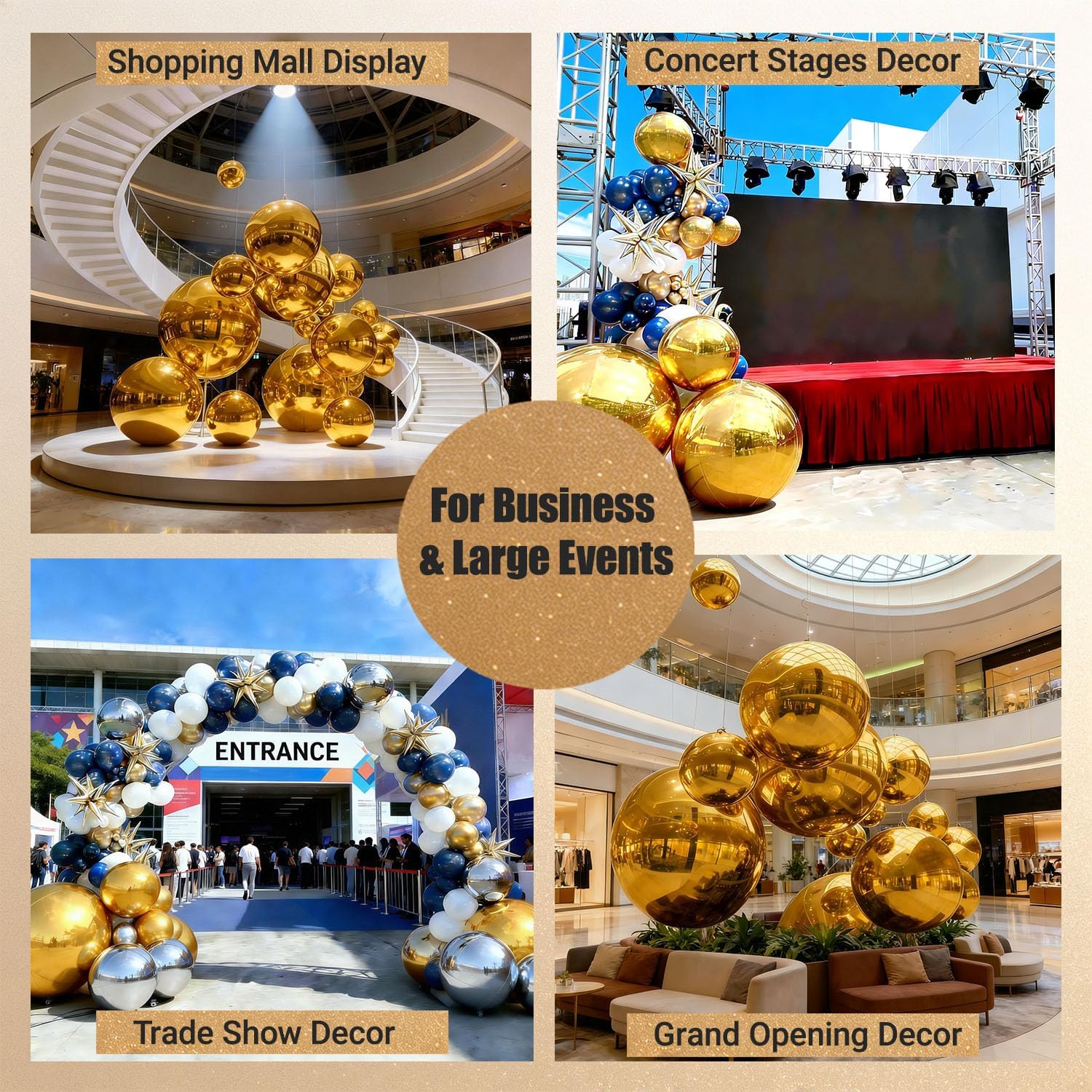 3PCS Gold Inflatable Mirror Ball Set with Pump - Big Shinny Mirror Balls Reusable PVC for Home Party, Wedding, Birthday, Stage, Mall & Large Event (3-Pack with Pump)