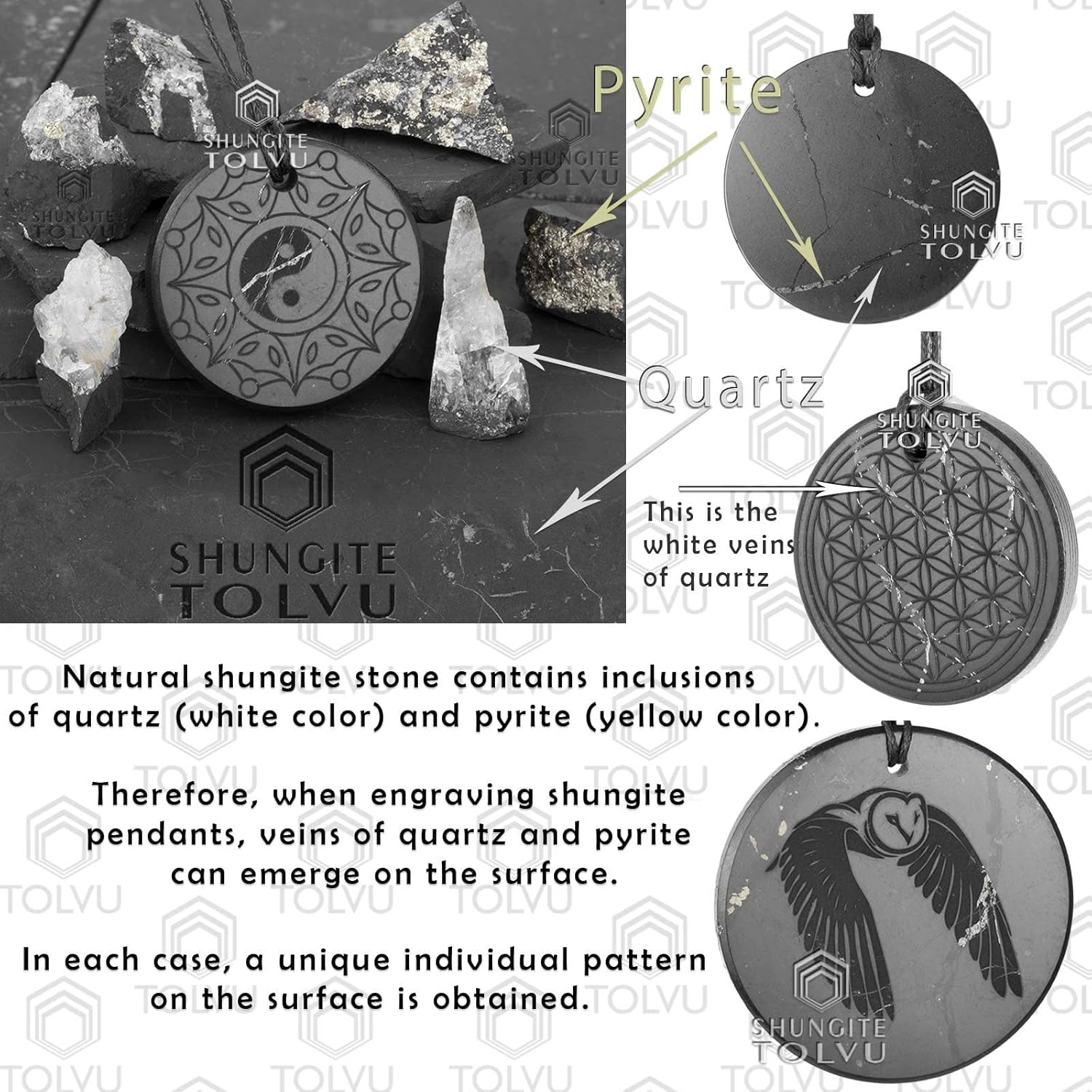Shungite Pendants, Necklace and Amulets - Made of Authentic Russian c60 Stone - Engraved - 1.4 inches - Round Shape - Image 3