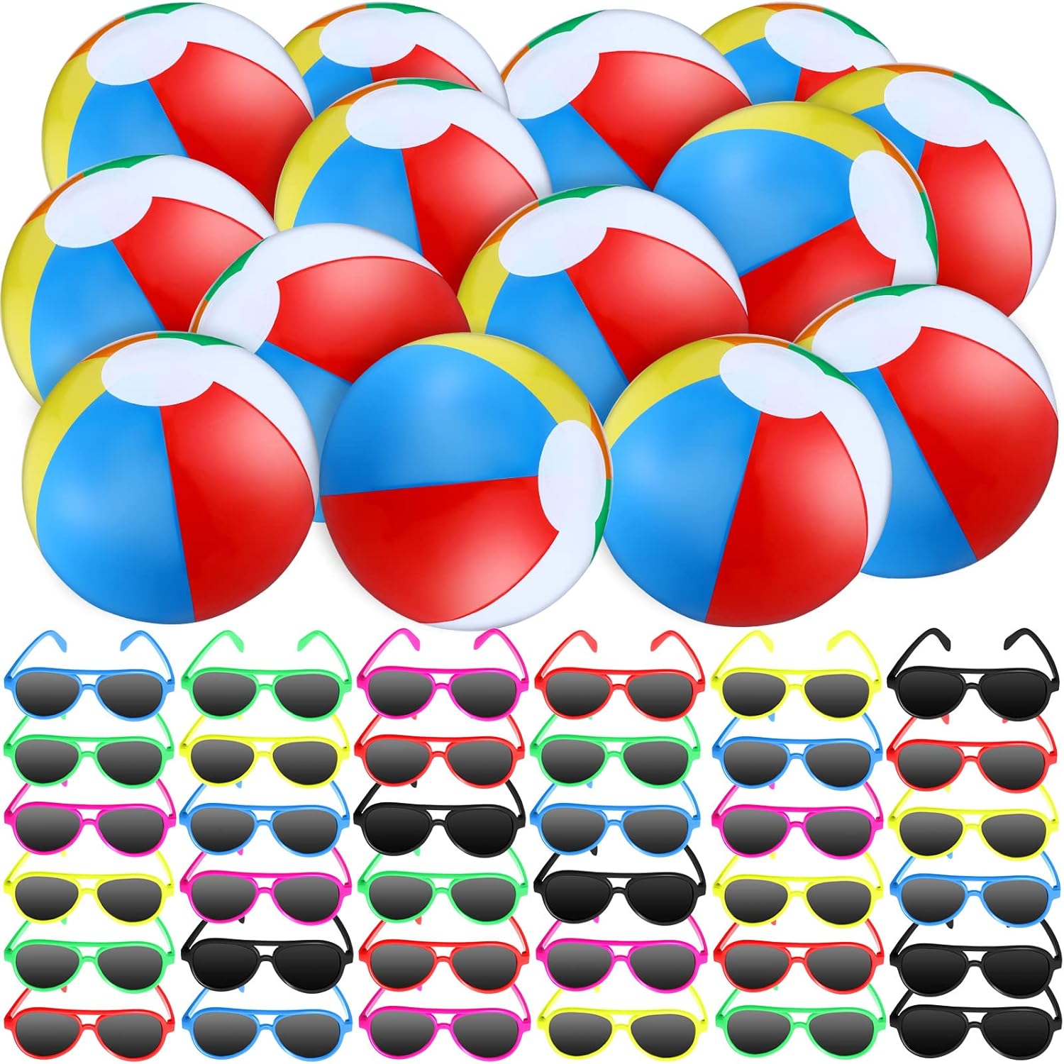 Tanlade 72 Pcs Bulk Beach Balls and Pool Games 36 10 Inch Inflatable Rainbow Beach Balls and 36 Sunglasses Bulk for Adults Party Supplies