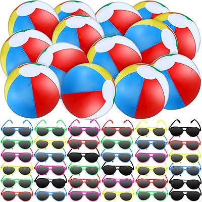Tanlade 72 Pcs Pool and Beach Party Favors 36 Pcs 10 Inch Inflatable Rainbow Beach Balls Bulk and 36 Pcs Sunglasses Bulk for Adults Pool Party Supplies Summer Birthday Pool Party Water Games Gifts