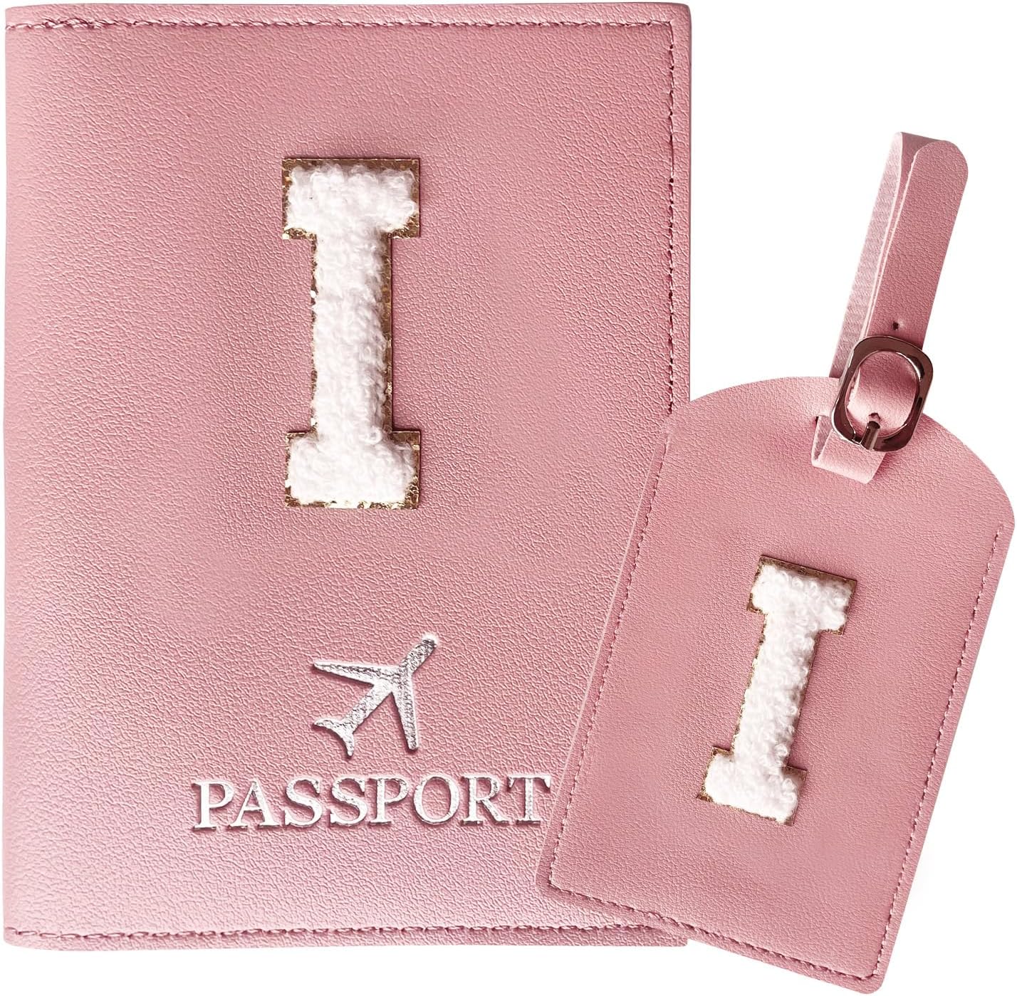 ZVRSUA Pink Passport Protector and Suitcase Tag, Passport Pouch with Letter, PU Leather, Gifts Woman Travel Accessories, Very Cute, Suitable for Women, Teenagers, Girls, Pink, Letter-I
