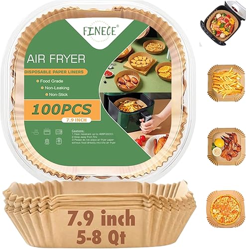 FINECE Air Fryer Liners Square, 100PCS for 5 to 8 Qt Air Fryer Disposable Paper Liner Large, 7.9 inch Unbleached Non-stick Oil-proof Parchment Paper FINECE Air Fryer Liners Square, 100PCS for 5 to 8 Qt Air Fryer Disposable Paper Liner Large, 7.9 inch Unbleached Non-stick Oil-proof Parchment Paper