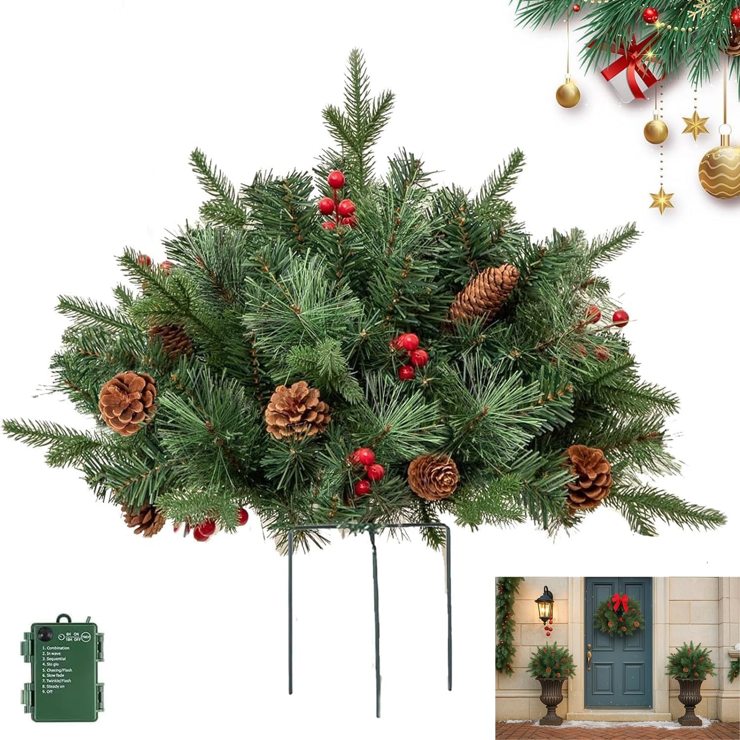 Christmas Planter Filler with Led Lights & Timer,Battery Operated Christmas Pot Fillers Outdoor Decoration for Porch,Pathway & Yard,Weatherproof with Tripod Stake (1, A)