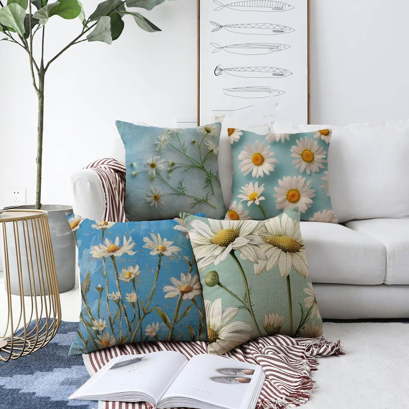 Housses Coussin 60 x 60 cm Lot de 4, Fleur Housse De Coussin Canape Plante Motifs, Tissu Velours, Imprimés Recto Verso Fermeture Éclair Invisible Pour Decoration Maison Salon Chambre Canapé x2-6
