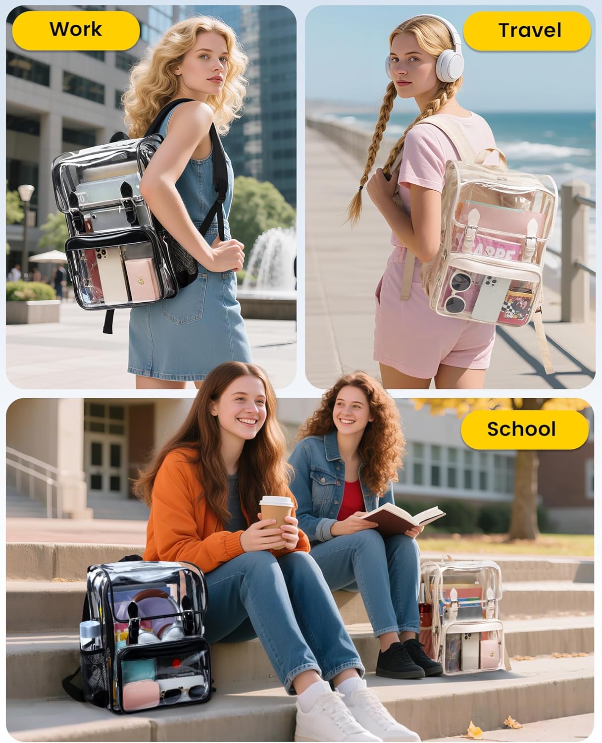 Vorspack Heavy Duty Clear Backpack - Large See Through Bookbag Transparent Backpacks for College, Work, Travel - Black - Image 7