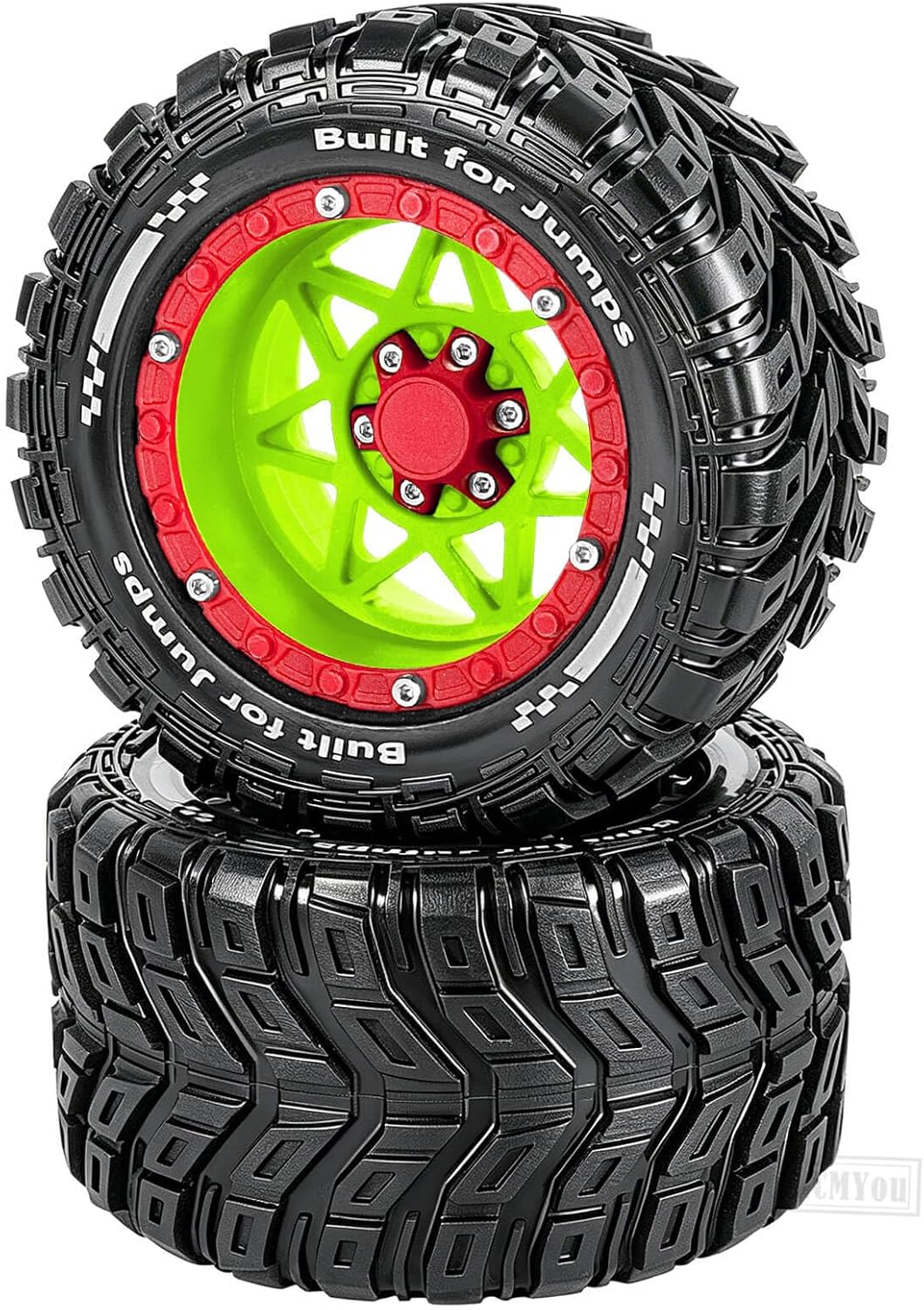 RC Truck Wheel and Tires for 1/16 Summit E-REVO Gorgon GROM MINI KRATON M-J-X H-B-X S-C-Y RC Car,Monster Truck Car Wheel Tires w/Plastic Wheels Rim,Soft Tire Highway Wheels (4PCS),Green Red