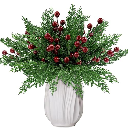 MEMOVAN 45PCS Christmas Norfolk Pine Branches with Red Berry Stems