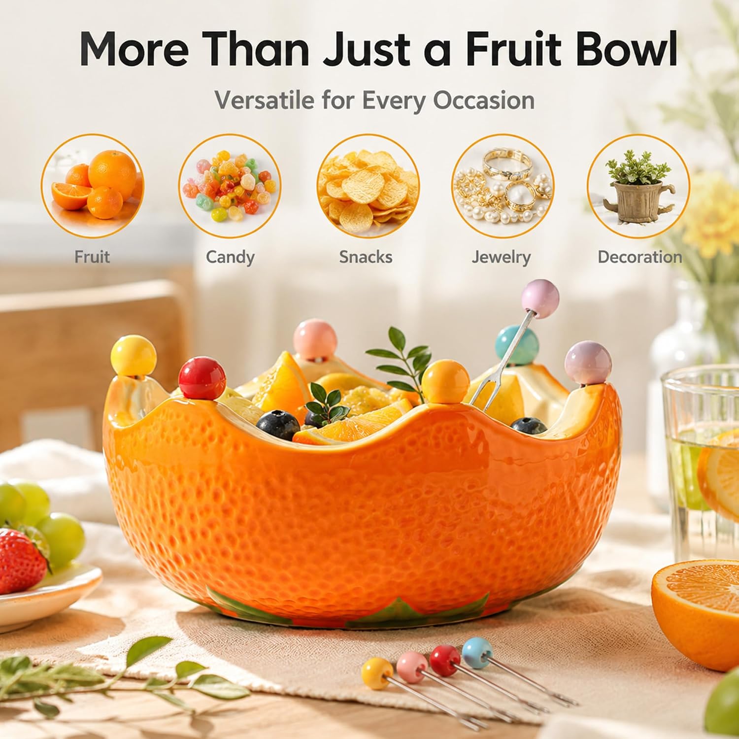 Ceramic Fruit Bowl, Orange-Shaped, 7 x 3.5 Inch