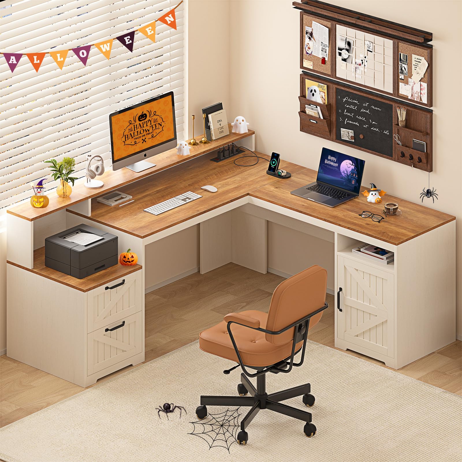 63" Farmhouse L Shaped Executive Desk with Drawers & Storage Shelf, Corner Computer Desk with Power Outlets, L Shaped Office Desk with Monitor Stand, Printer Shelf, Antique White