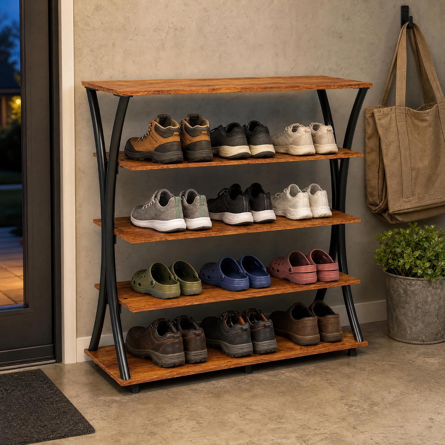 Manora Meuble à Chaussures 5 Niveaux, Étagère à Chaussures en Métal et Bois, Range Chaussures pour 15-20 Paires, Style Industriel Moderne, Rangement Entrée Salon Chambre, Marron Rustique