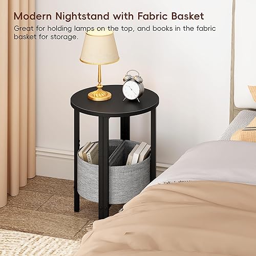 Miniatura 7 de Vagusicc Mesa auxiliar redonda pequeña, mesa auxiliar alta con cesta de almacenamiento, juego de 2 mesas redondas de media luna, mesas de noche de