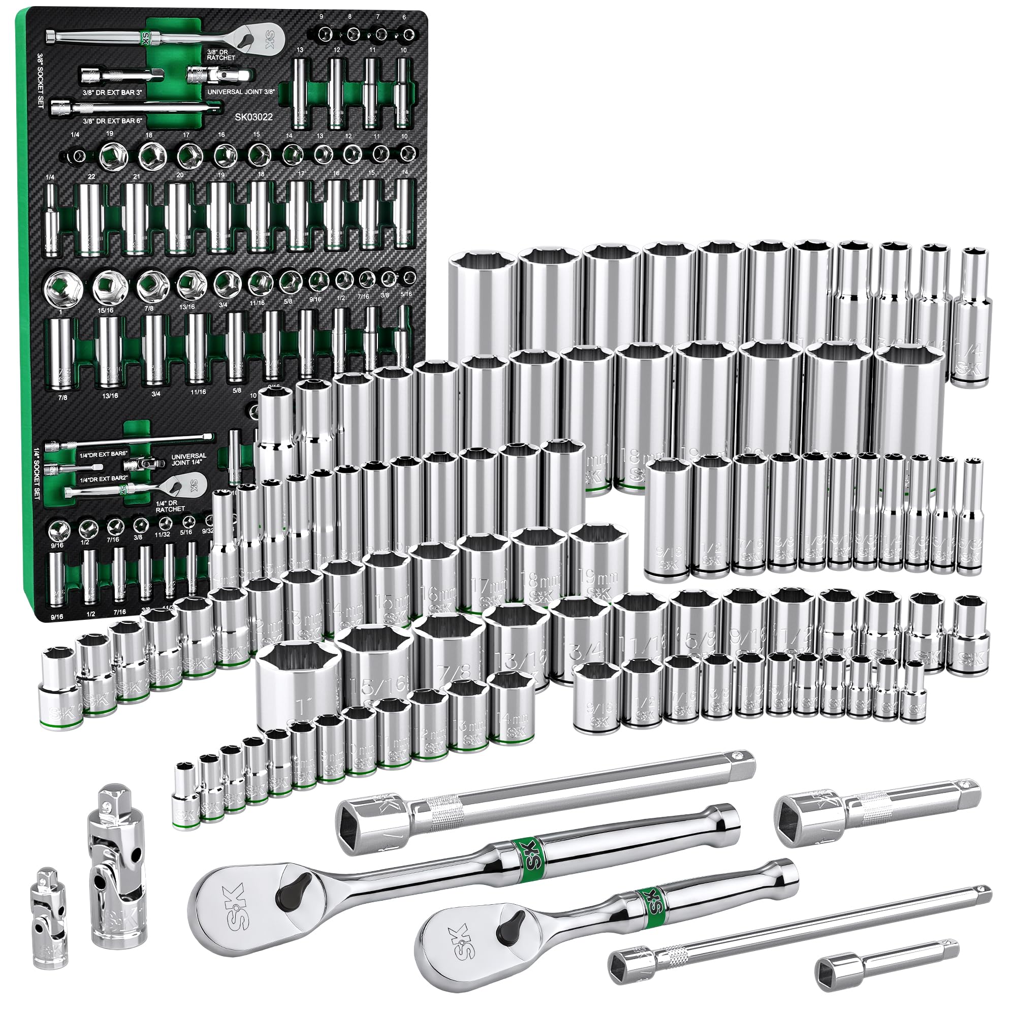 SK 3/8" Drive Socket Set with 90-Tooth Ratchet, SAE & Metric, CR-V Steel | 56-Piece Socke…