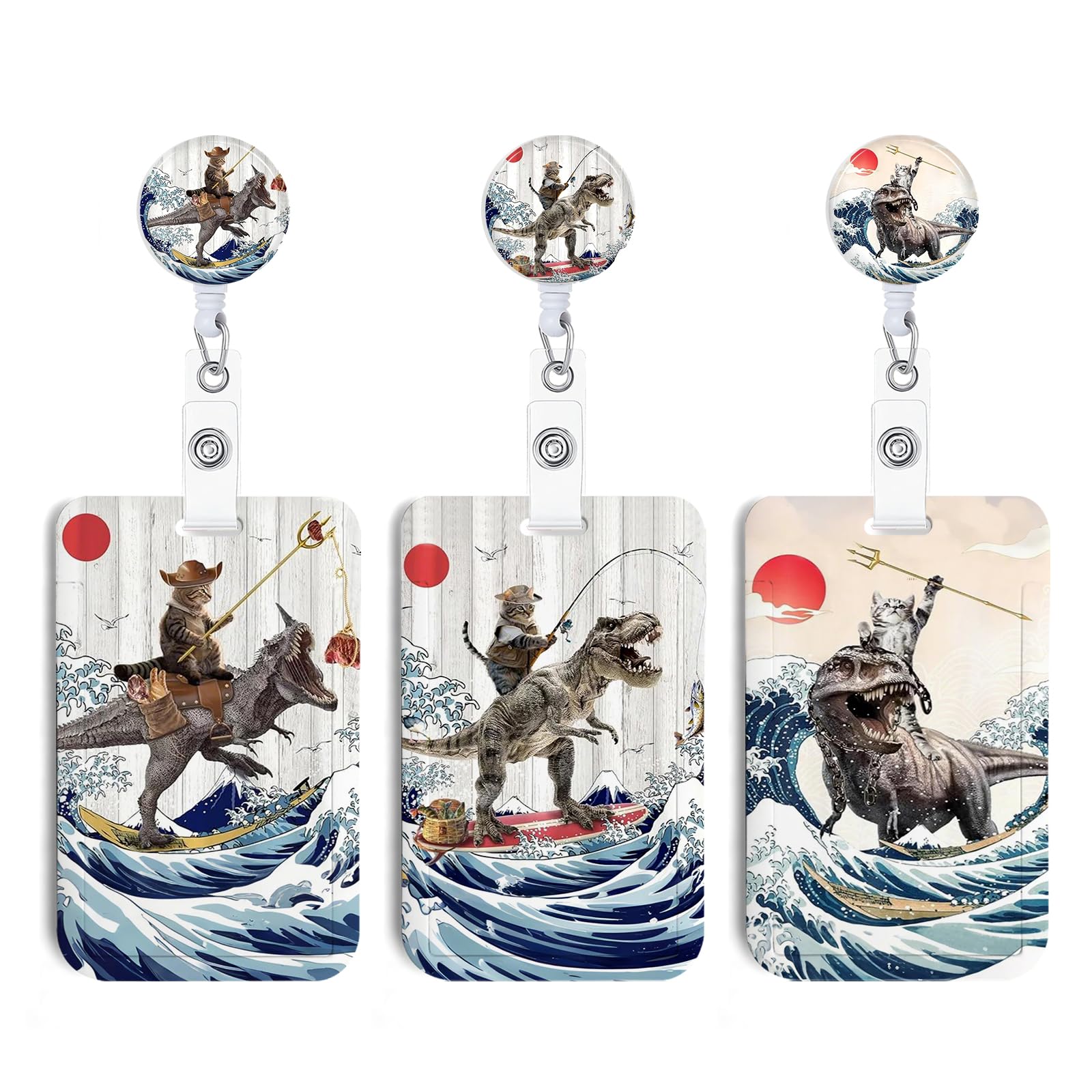 3 Set Dinosaur Cat ID Badge Holder with Clip Badge Reels Retractable Heavy Duty,Keychain，ID Holder for School Nurse Office