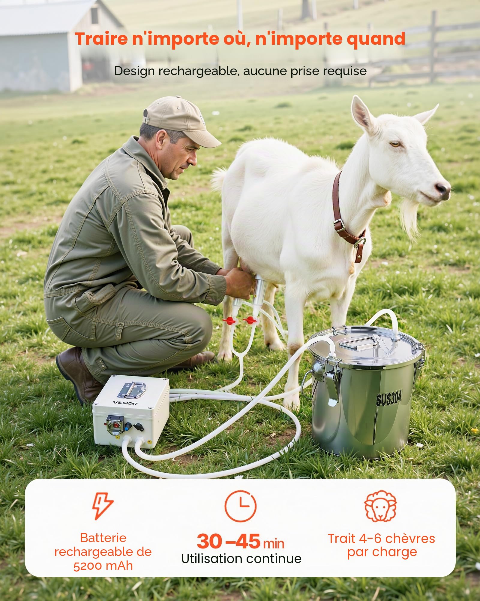 VEVOR Machine à Traire Chèvre Seau 3 L Trayeuse de Mouton en Acier Inoxydable Kit de Traite Brebis Électrique Portable, avec Batterie Rechargeable 5200 mAh, 2 Gobelets Trayeurs, à Pulsation à Vide