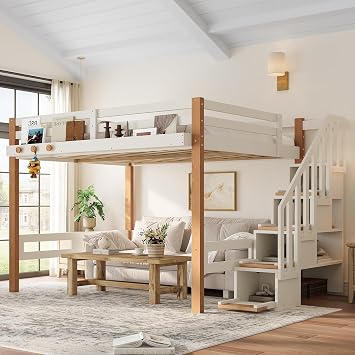 KEIKI Full Size Wooden Loft Bed Frame with Staircase & Clothes Hook & Built-in Storage Shelves, Modern Loft Bed with Solid Slat & Guardrail, No Box Spring Required, Easy Assembly, for Bedroom, Beige
