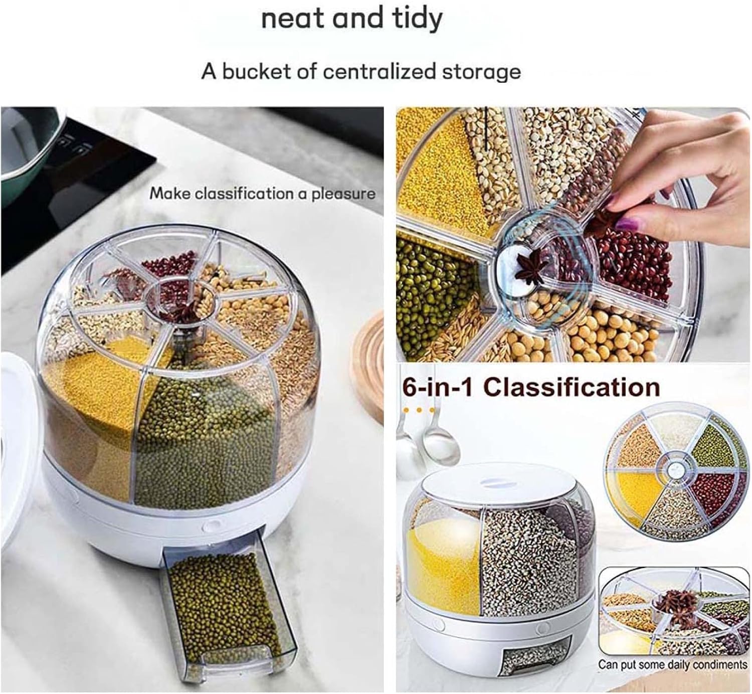 6-Grid Round 360° Grain Dispenser Rotating Cereal Dispenser Rice Dispenser Rotating Rice Storage Container Dry Food Storage Box Large Food Dispenser Rice Bucket,White,24 * 24 * 27cm