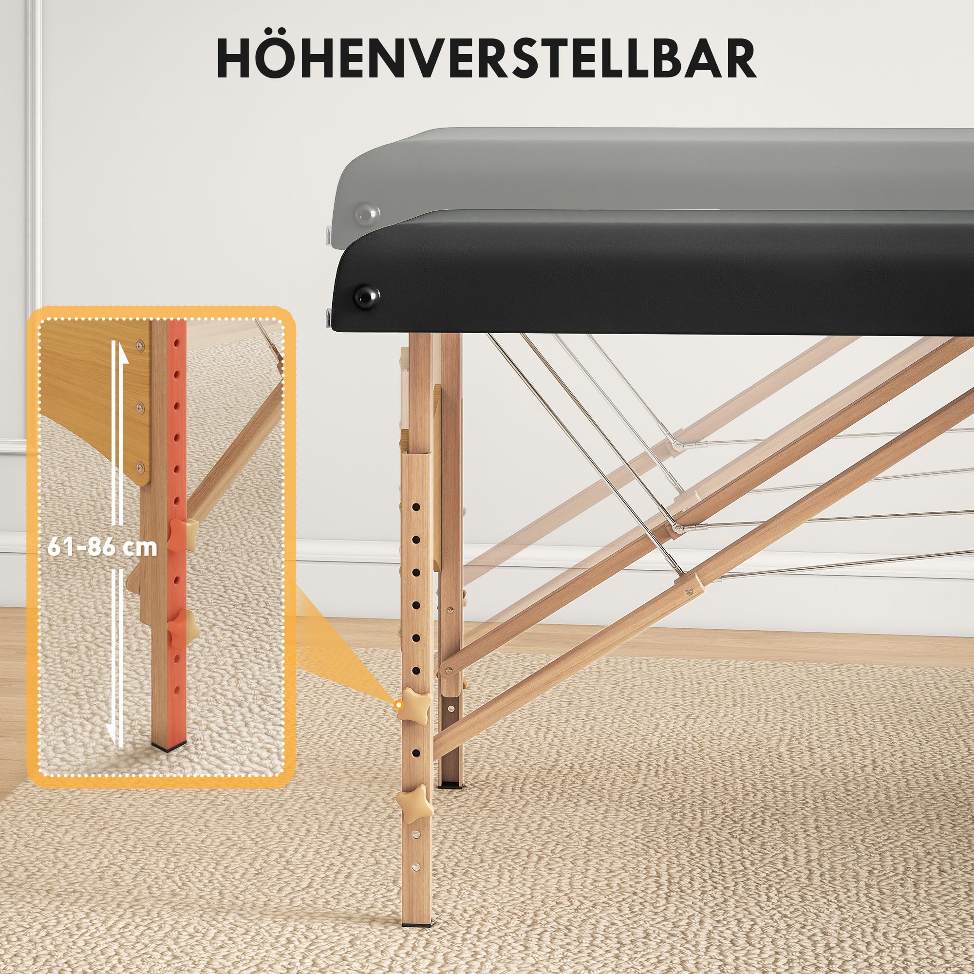 HOMCOM Mobile Massageliege 2 Zonen Klappbar Massagetisch Höhenverstellbar Massagebank 70 cm Breit mit Kopfstütze, Holzfüßen Massagebett Kosmetikliege Schwarz