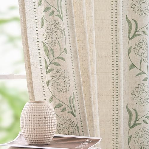jinchan Winslow Linen Curtains for Bedroom 90 Inches Length Embroidered Bordered Floral Curtains for Living Room Farmhouse Decor Light Filtering Window Treatments Sage on Beige Drapes 2 Panels