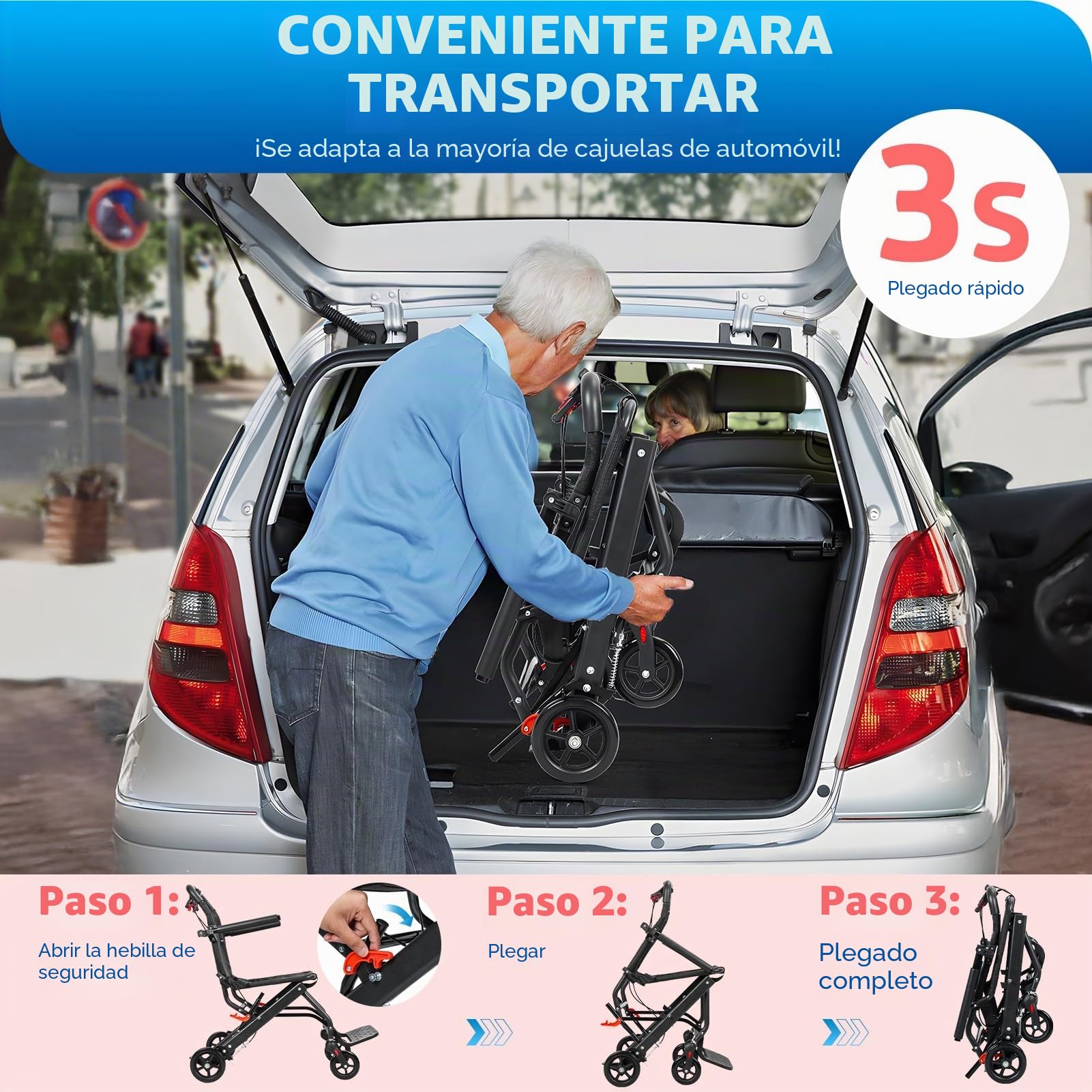 Silla de ruedas ultraligera de 13 libras para adultos, plegable de aluminio, silla de ruedas de viaje portátil, ligera - con manillar de freno para personas mayores, capacidad de carga de 286