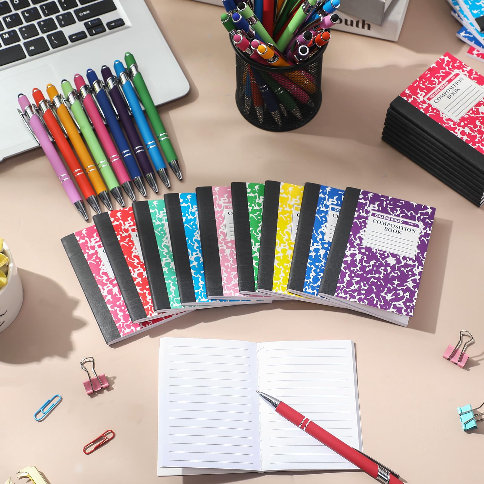 Fainne 60 mini quaderni a composizione e penne a sfera retrattili, 3. Blocco note piccolo da 7,6 x 11,4 cm e penne a sfera in metallo con punta stilo per studenti, scuola, università, ufficio