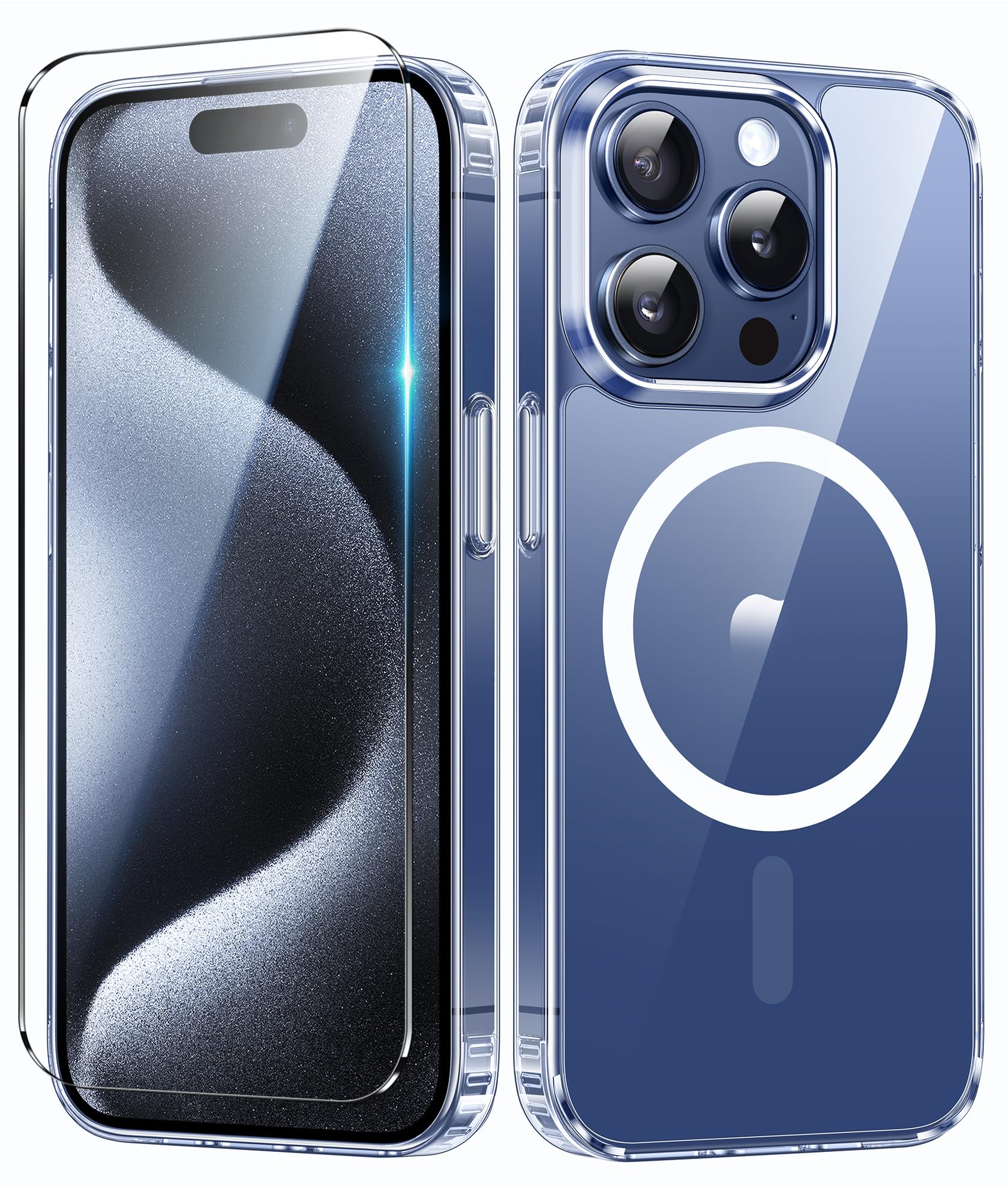 FNTCASE Anti-Yellowing Clear Case for iPhone 15 Pro: Strong Magnetic & Shockproof Military-Grade Drop Protection Global