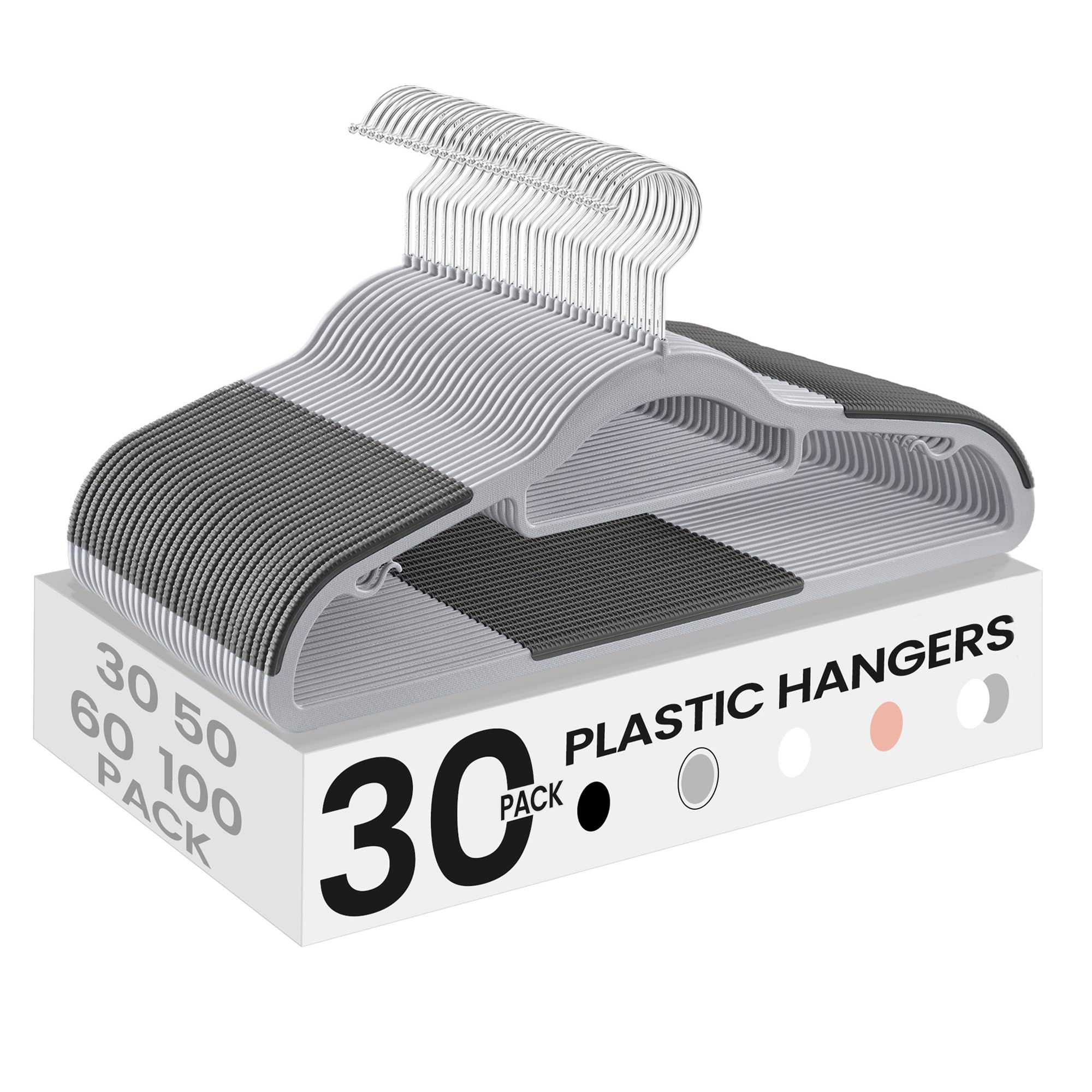 SONGMICS Pack of 30 Coat Hangers, Space-Saving Plastic Clothes Hangers, Non-Slip, 0.2 Inches Slim, 16.5 Inches Wide, 360° Swivel Silver Hook, Light and Dark Gray UCRP20G30