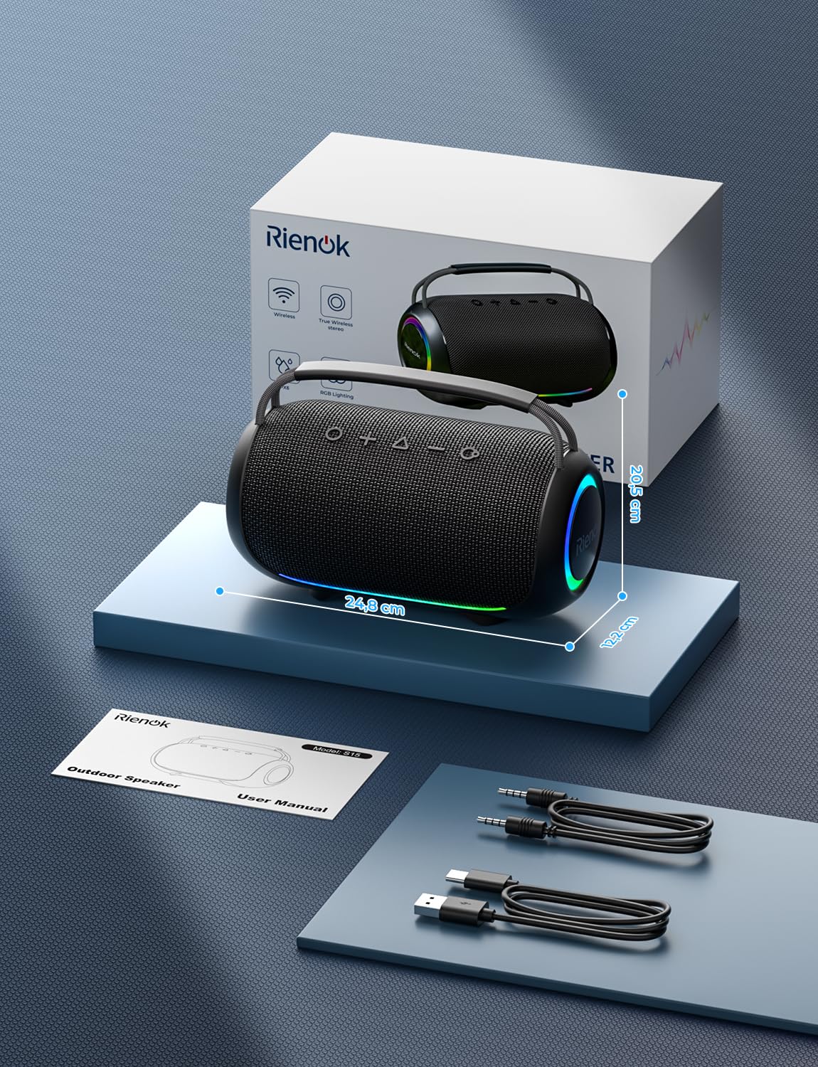 RIENOK Cassa Bluetooth Potente Portatile 80W Esterno Impermeabile IPX6, 30 Ore di Autonomia, Supporta Chiavetta USB/Scheda TF/AUX, Senza Fili Speaker Bluetooth per Feste Campeggio Spiaggia