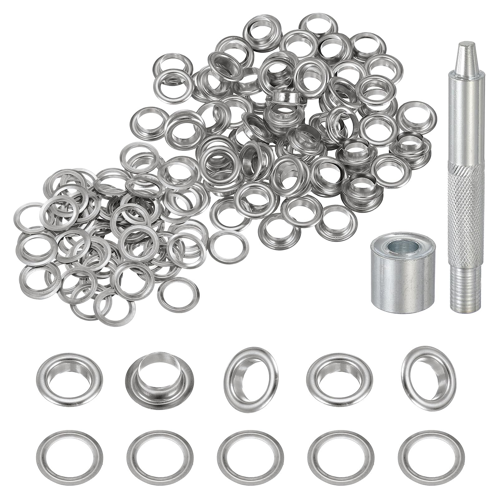 sourcing map 80Set Grommets Eyelets 8mm Copper Eyelets Kit with Washers & Setting Tool for Fabric Curtain Tarps Leather Belt Shoes Bag DIY, Silver
