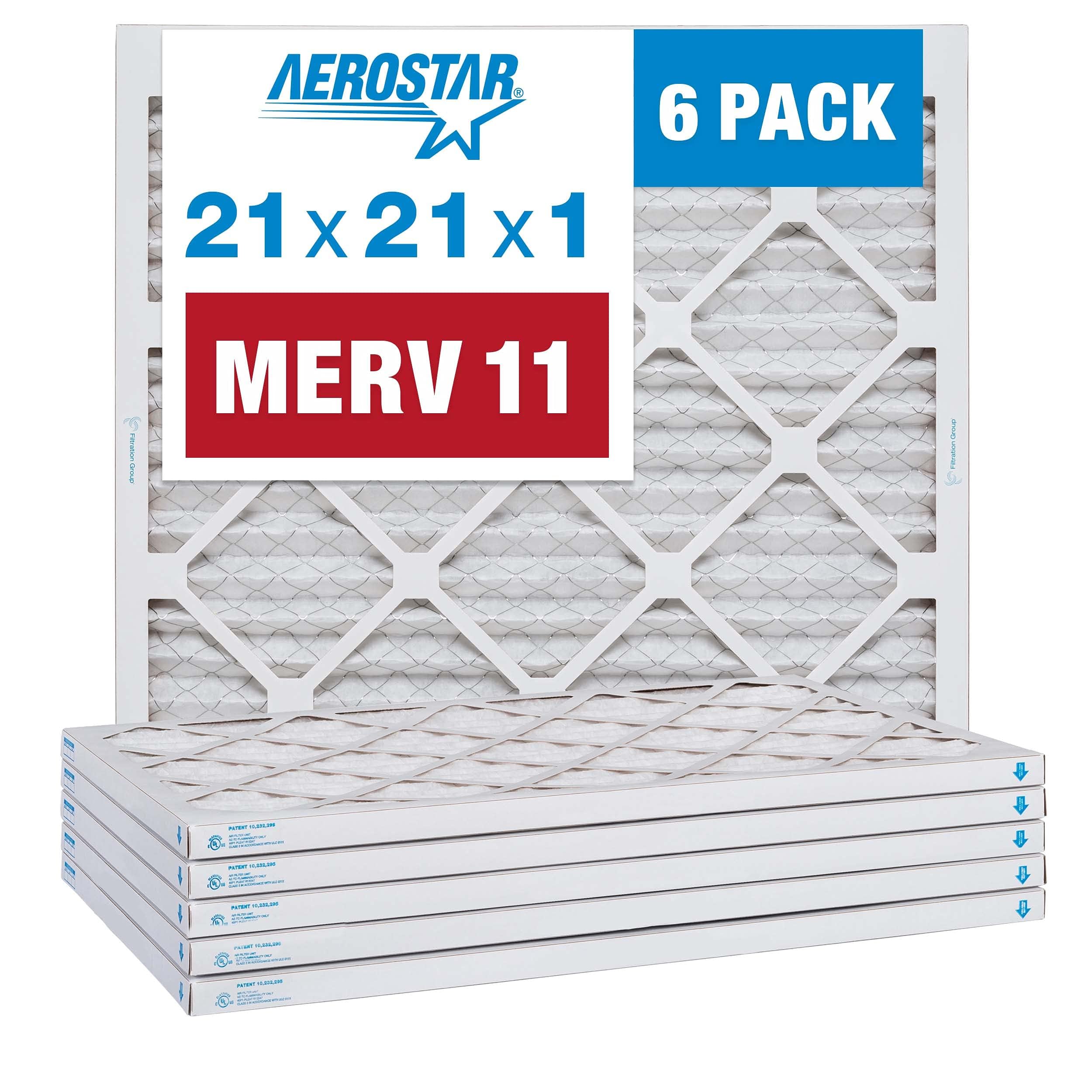 Aerostar 21x21x1 MERV 11 - 6 Count - Pleated HVAC, Furnace & Air Conditioner Filters - Removes Dust, Cold & Flu Germs, Lint, Mold, Pet Dander, Allergy-Causing Pollen, Smog & Smoke