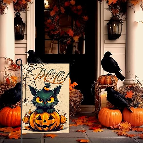 Miniatura 6 de Banderas de jardín de Halloween con diseño de gato negro, bandera de calabaza aterradora, banderas verticales de jardín, telarañas, pancarta de