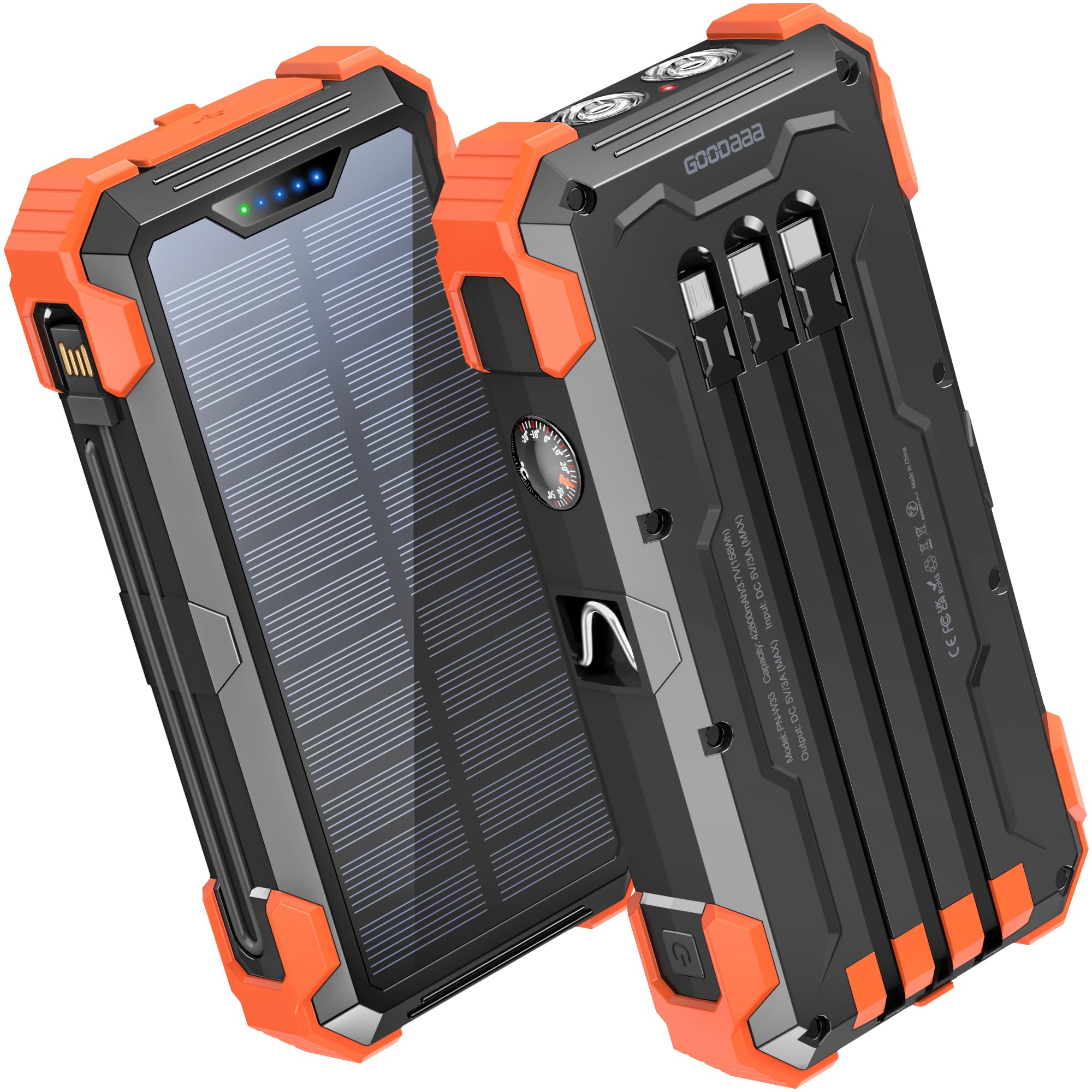 GOODaaa Portable Charger 42800mAh Built in 4 Cables and Thermometer 15W Fast Charging Power Bank Five Outputs Three Inputs Solar Charger Power Bank, SOS/Strobe/Strong Flashlights, Carabiner