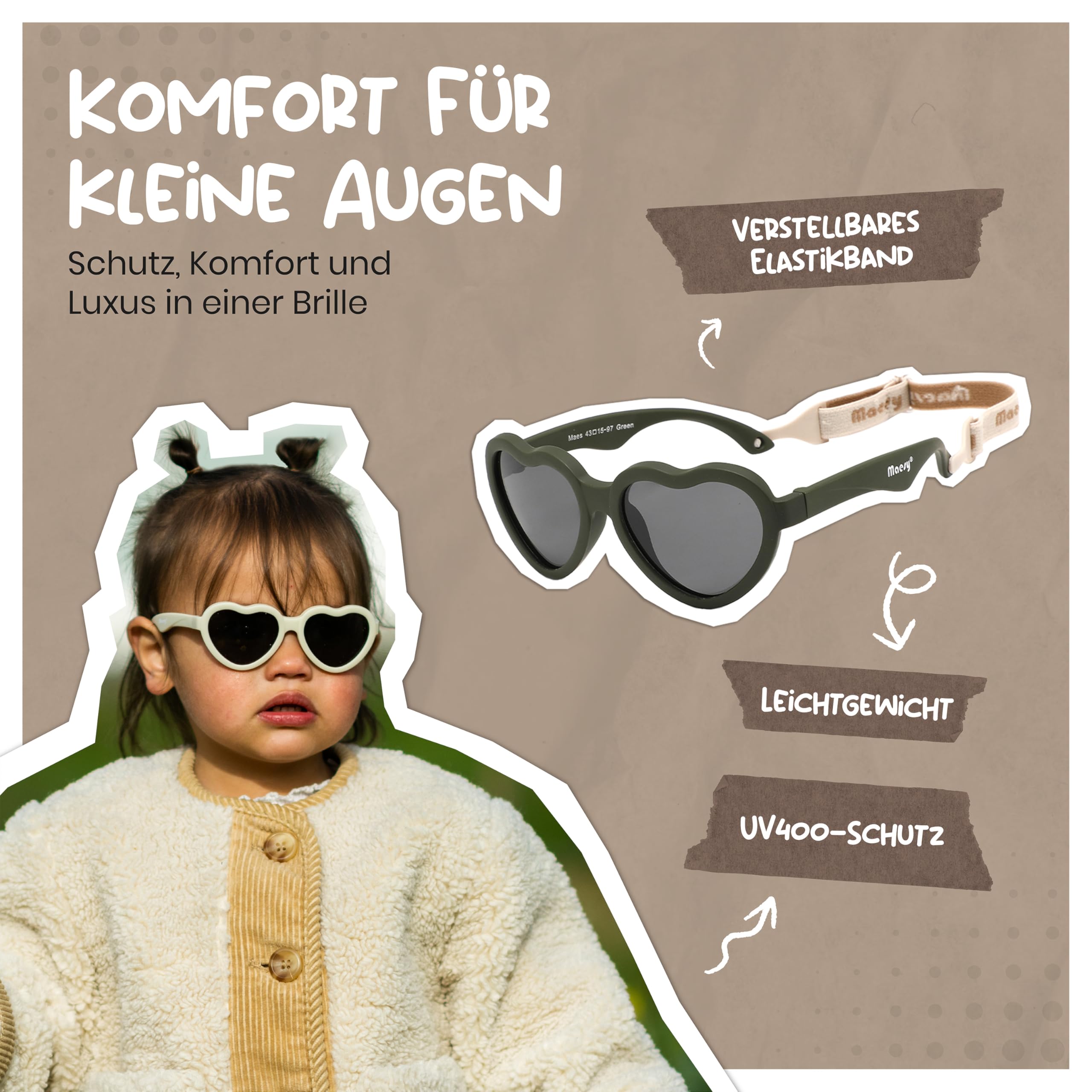 Baby Sonnenbrille für 0-2 Jahre - UV400 Polarisierter Schutz - Flexibler und Biegsamer Rahmen - Verstellbares Gummiband - Sichere und Bequeme Babysonnenbrillen - Herz - Maes