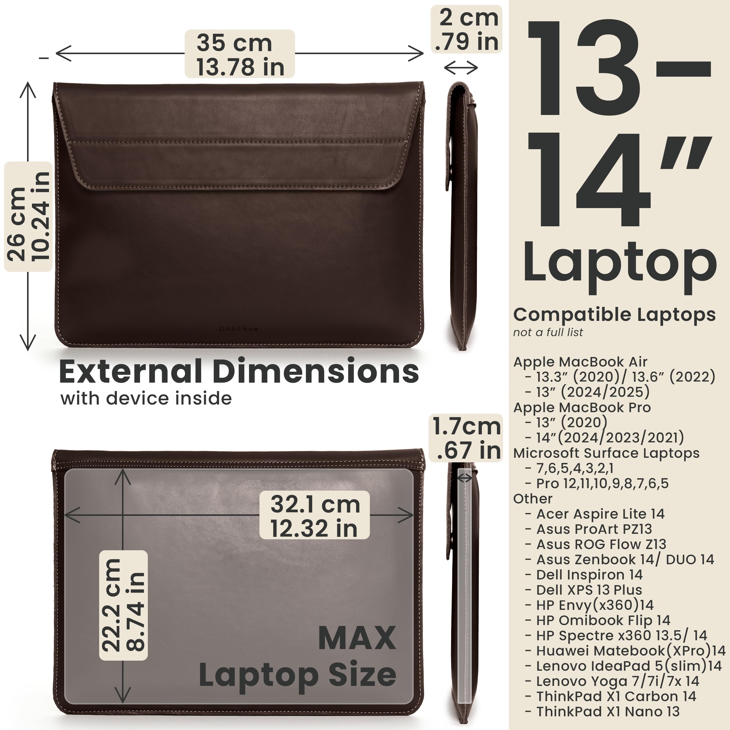 Custodia in vera pelle pieno fiore per laptop da 13", 14", 15", 16", con supporto integrato e imbottitura (adatta per MacBook Air/Pro e altri laptop da 13,3/13,6/14,2/15,6 pollici), marrone