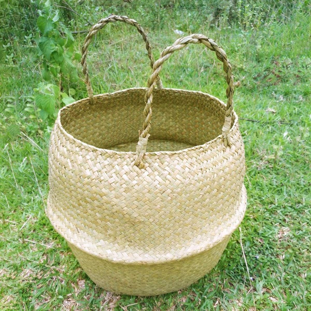 BTSEURY Seaweed Woven Flower Basket,Vintage Foldable Picnic Basket with Handle Plant Pot Large Woven Plant Basket for Laundry Picnic Home Indoor Outdoor