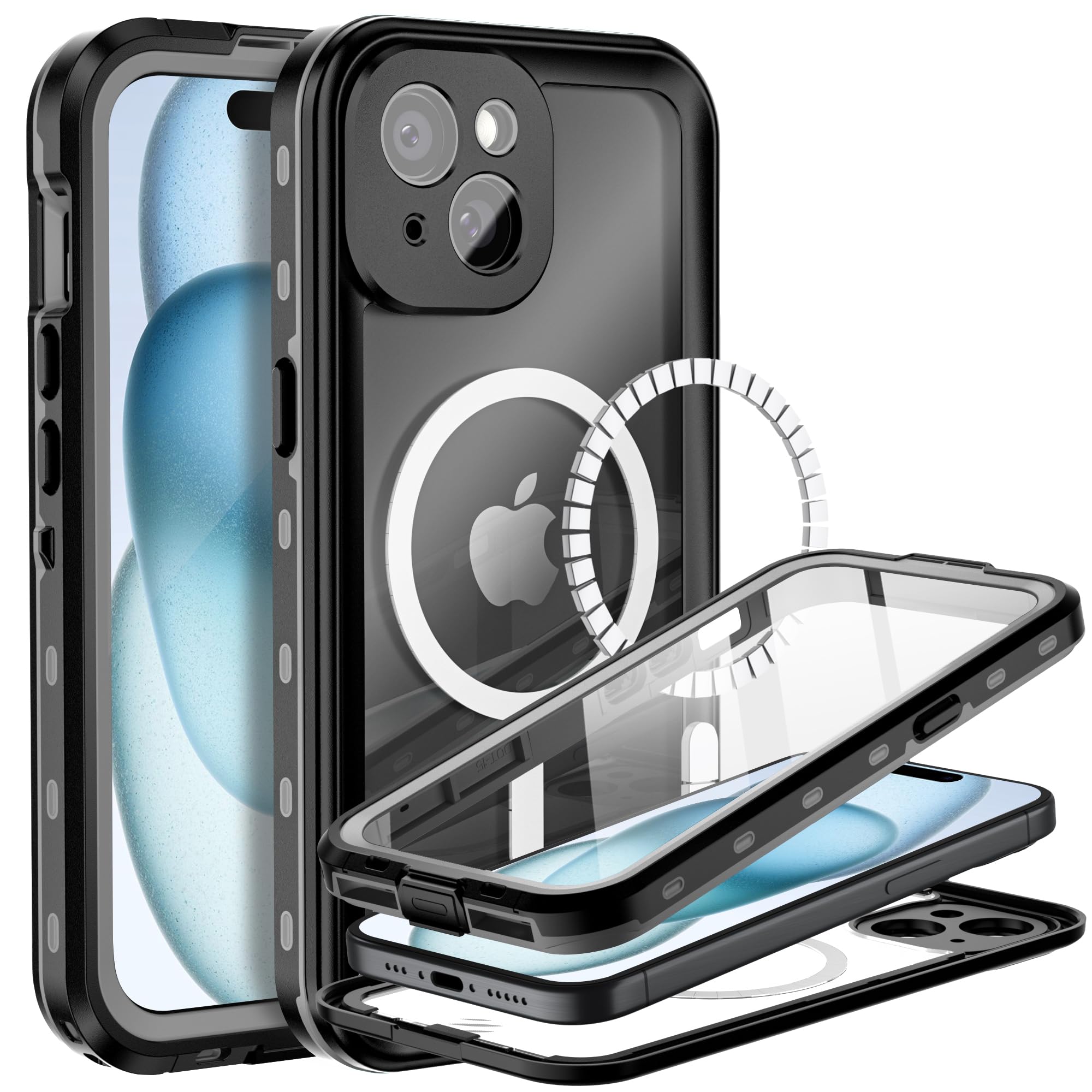 BEASTEK Waterproof Case for iPhone 15, TRE Series MagSafe Shockproof Dustproof IP68 Case with Built-in Screen Protector and MagSafe Anti-Scratch