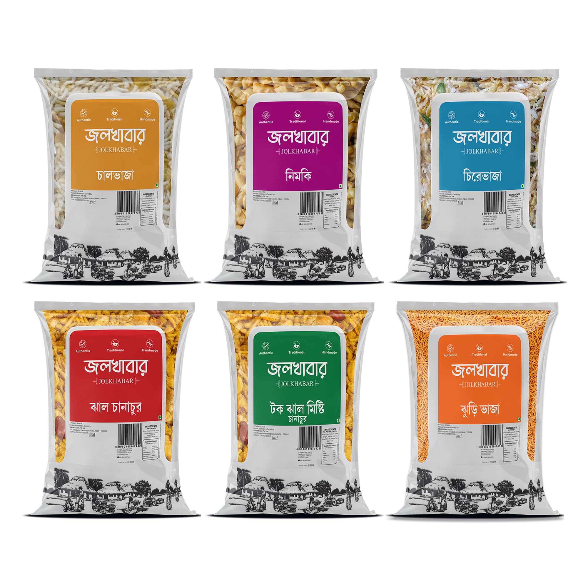 JOLKHABAR | Chanachur Mensual Combo Pack de 6 | Tok Jhal Misti - Jhal - Badamjhuri - (180 g x 3) - Chal Bhaja - Chire Bhaja - Nimki (120 g x 3) | Auténtico Chanachur tradicional Bangali - Paquete de 6