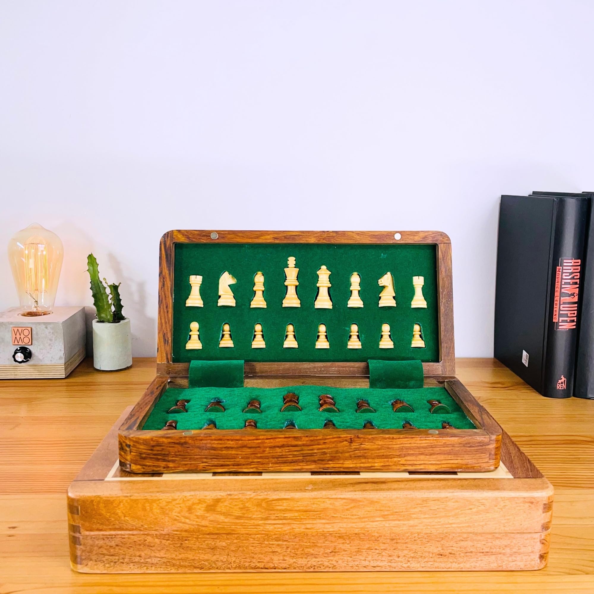 Jeu d'échecs magnétique pliable personnalisé | Planche en bois massif faite à la main et pièces d'échecs
