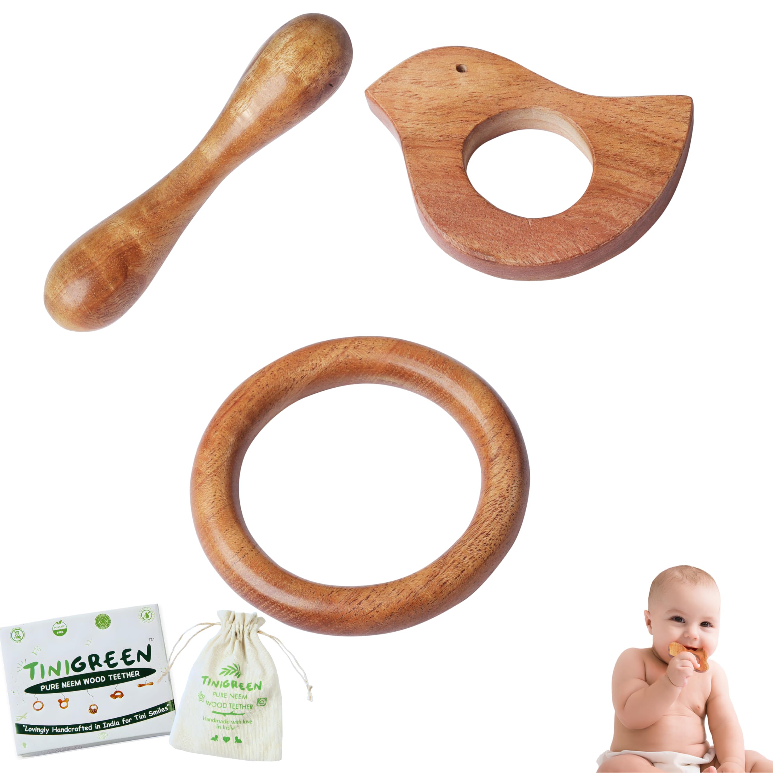 TINIGREEN Dove Ring Dumbbell Shaped Organic Neem Wood Teether Combo for Baby (Pack of 3)-image-20