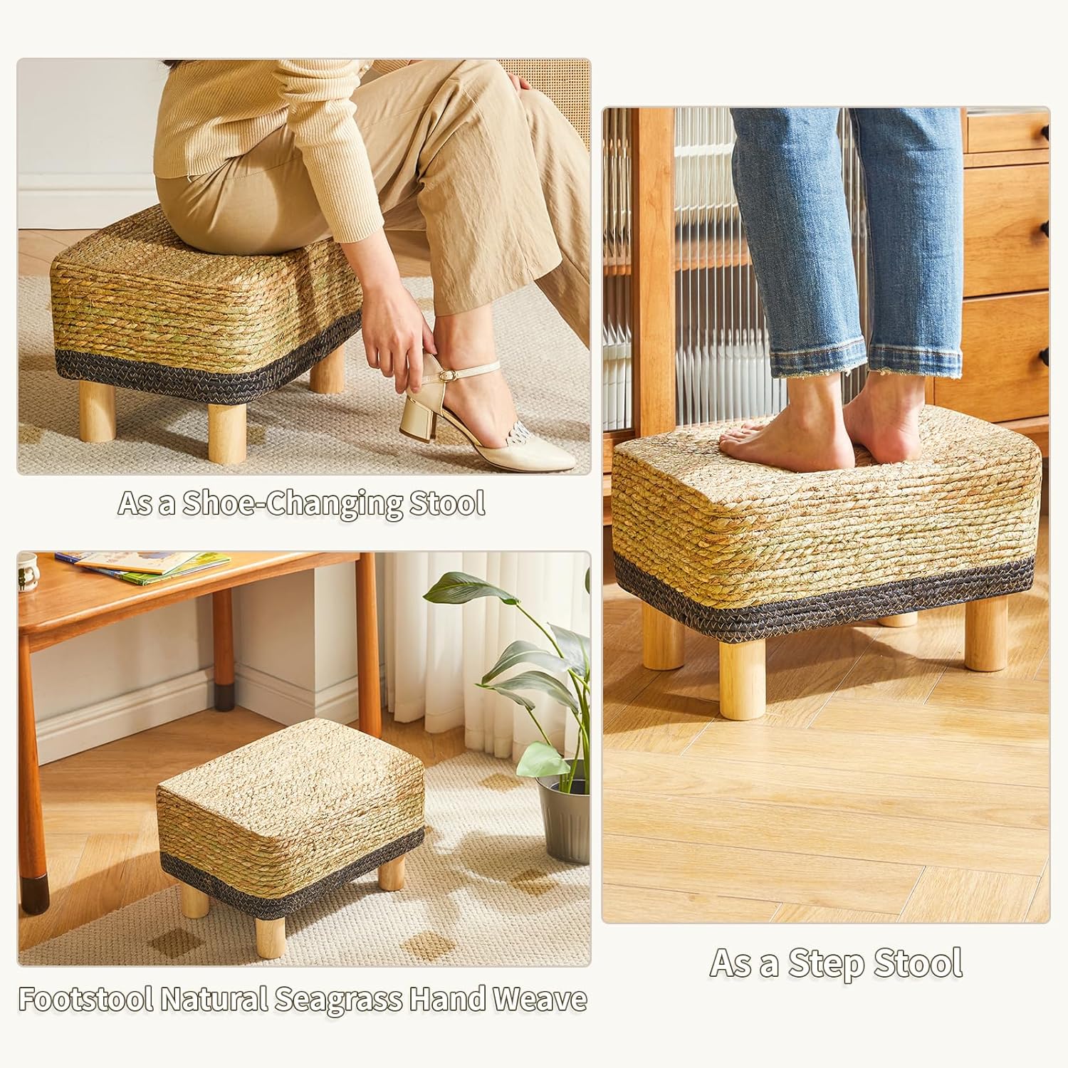 YMYNY Foot Stool Rectangular Footrest Natural Seagrass Hand Weave Pouf Ottoman with Wooden Legs, Multifunctional Modern Dressing Stool, Sofa Side Table for Living Room Bedroom Entryway Black UHBD043B
