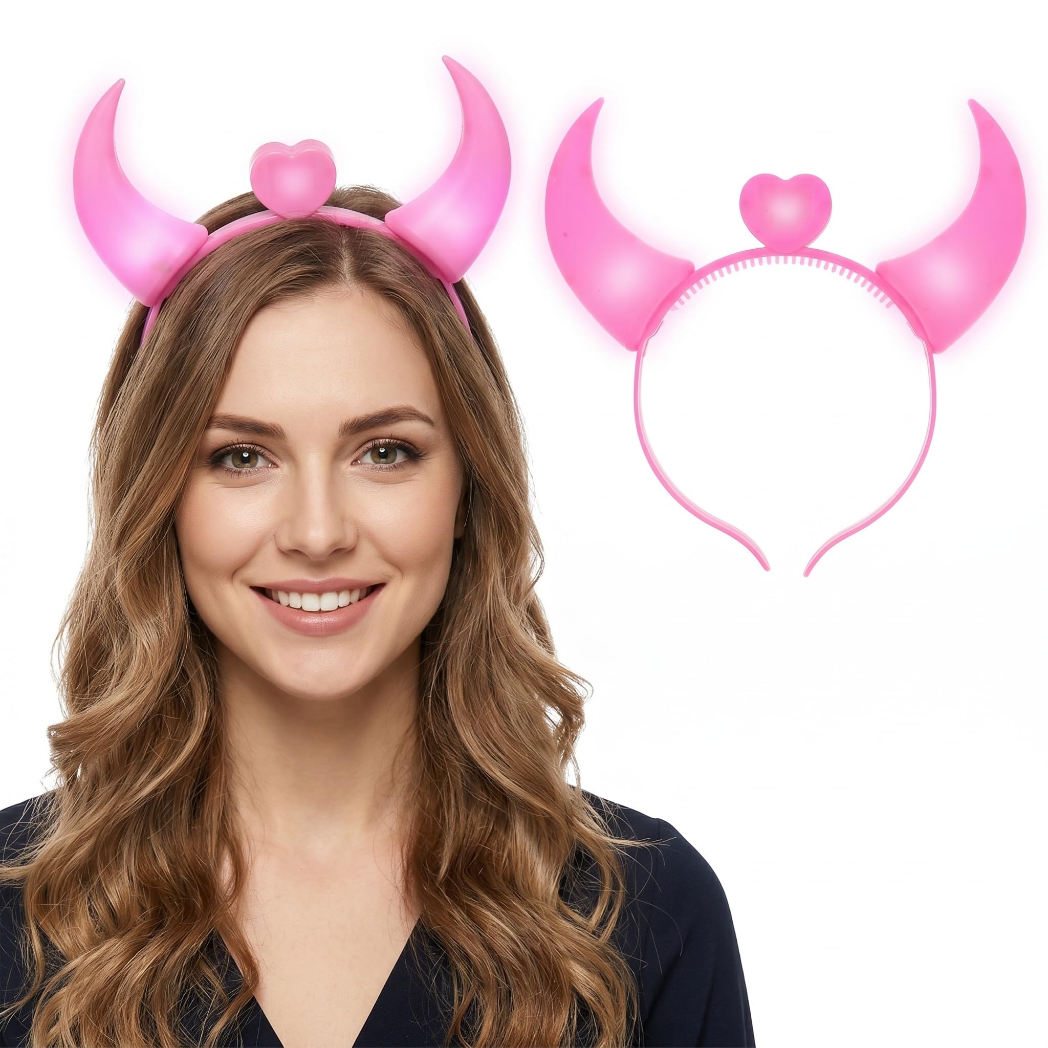 Beavorty LED Light Up Devil Horns Headband, Pink Flashing Glowing Horn Headpiece for Halloween Costume Party, Neon Glow in the Dark Hair Accessory for Kids & Adults