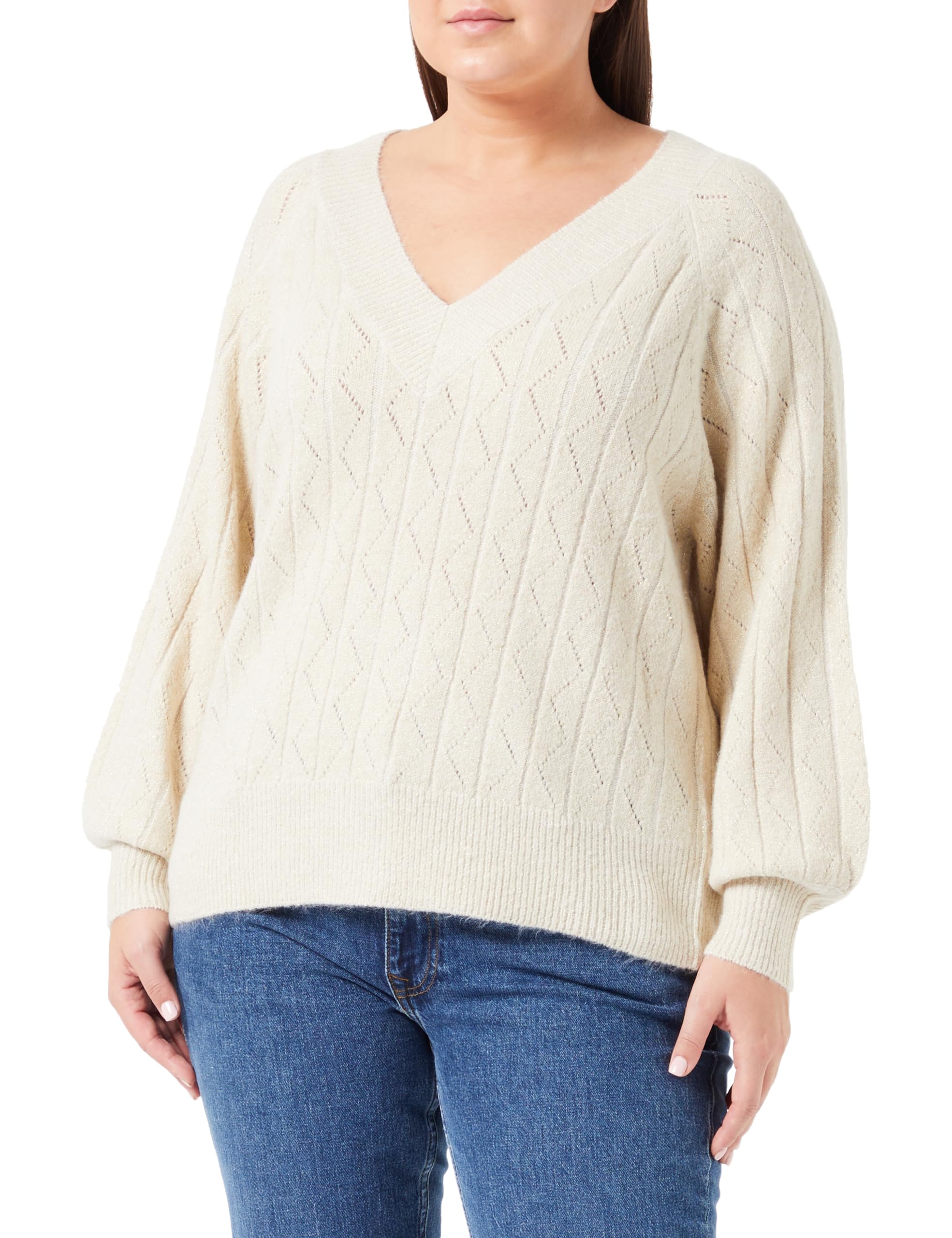Only Women's Pumice Stone/Detail: Frosted Almond Glitter Onllucia Ls Glitter V-Neck Knt Knitted Jumper, M