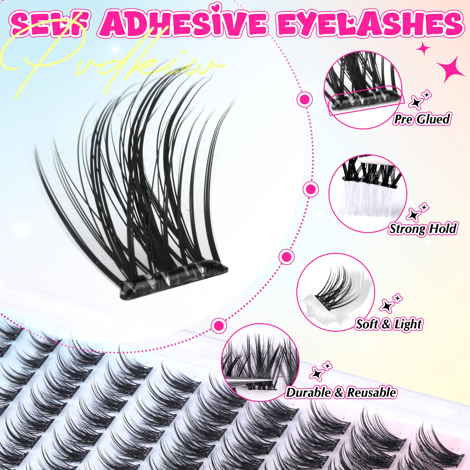Self Adhesive Eyelashes Wispy Self Adhesive Lash Clusters Natural Lashes Clusters Pre Glued Eyelash Clusters C Curl Cluster Eyelash Extensions Press on Lashes No Glue Needed Reusable 10-16mm